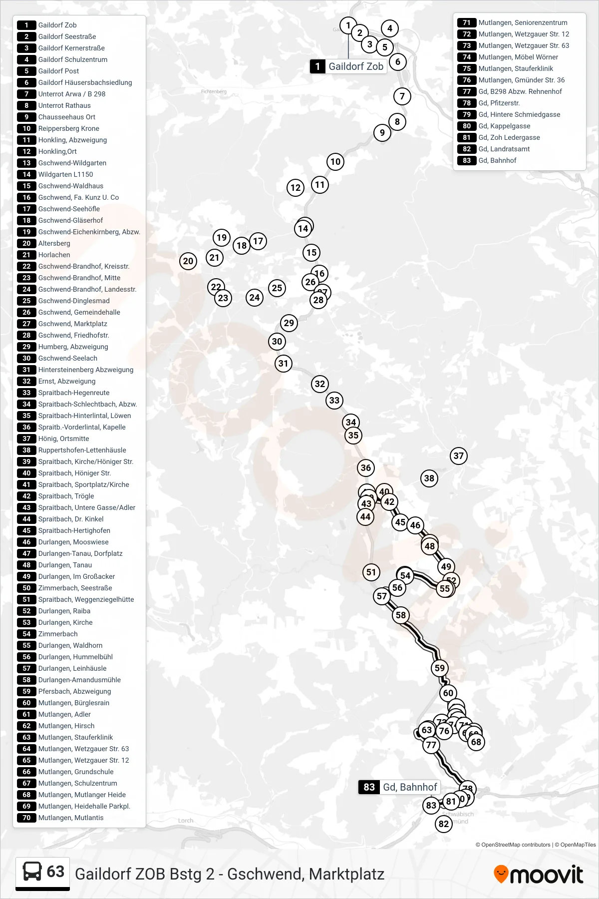 Linie 63 (Bus) Richtung Gd, Bahnhof: Route und Haltestellen auf der Karte