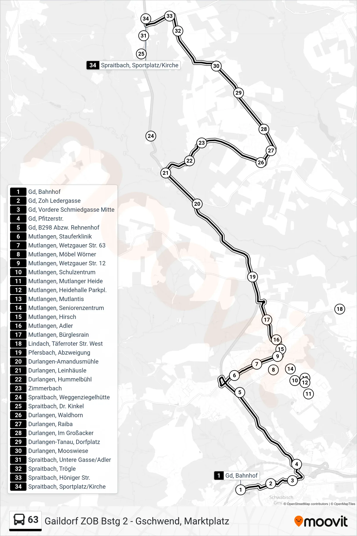 63 bus Line (Spraitbach, Sportplatz/Kirche) route and stops on a map