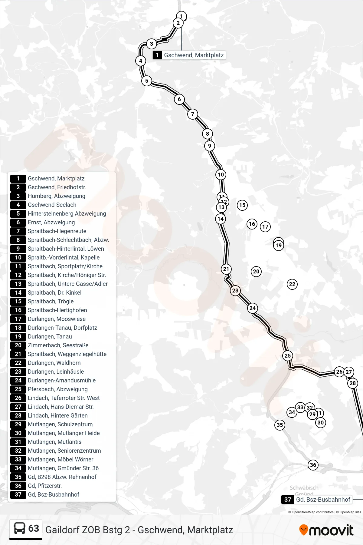 63 bus Line (Gd, Bsz-Busbahnhof) route and stops on a map