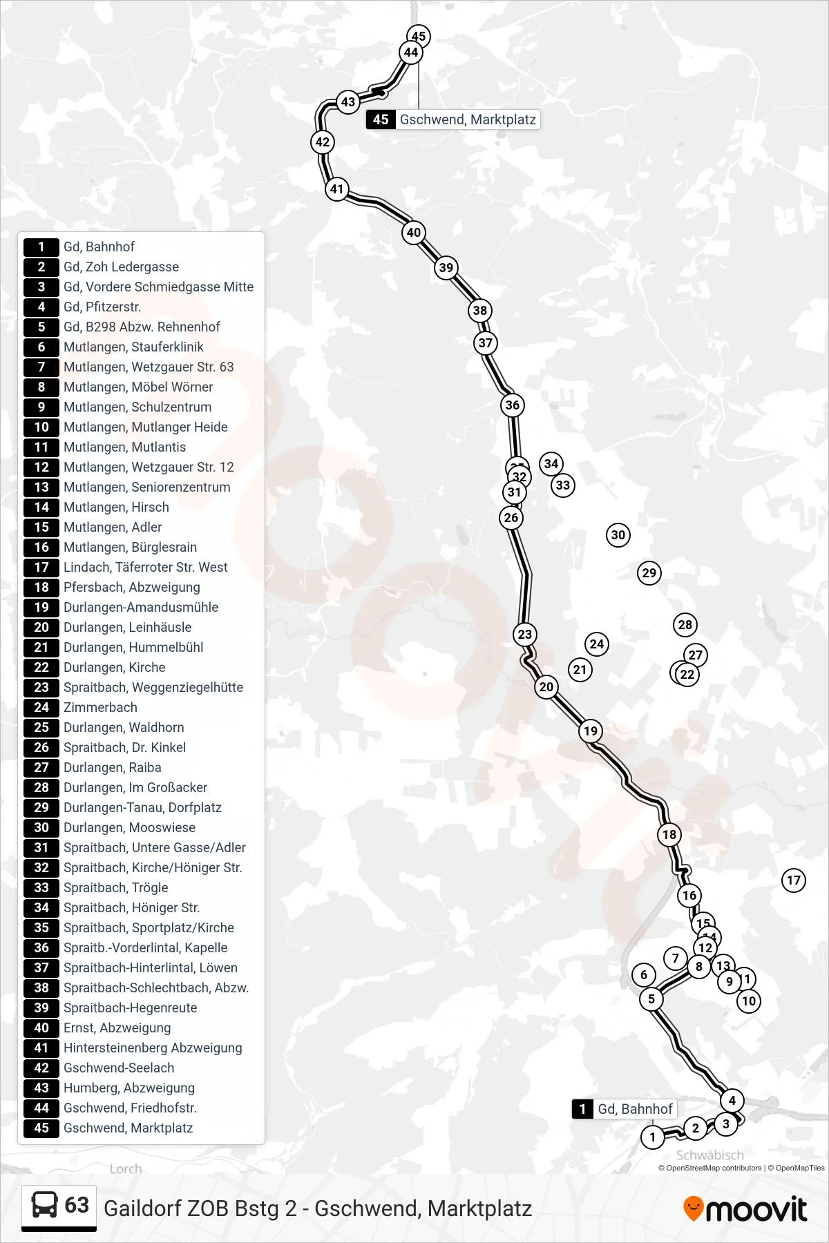 63 bus Line (Gschwend, Marktplatz) route and stops on a map