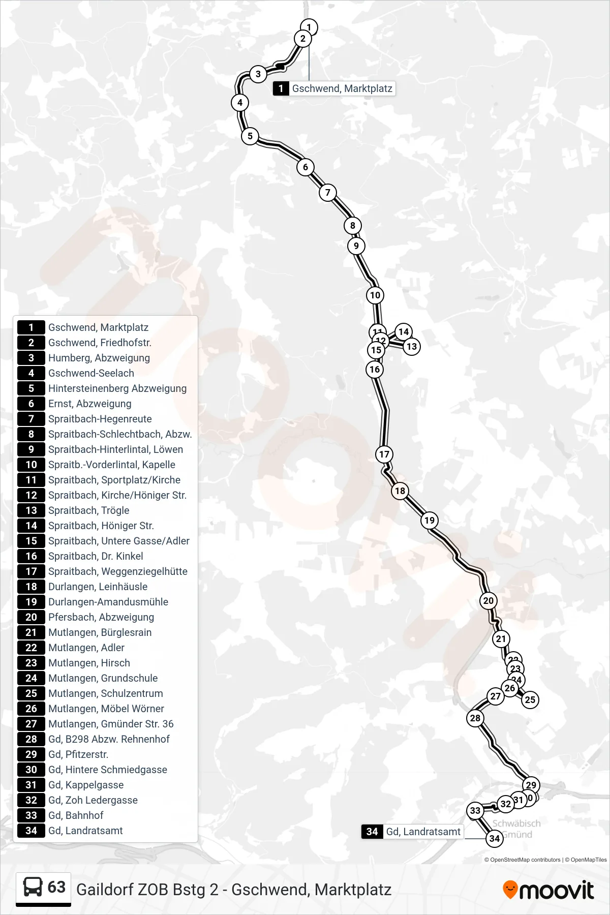 63 bus Line (Gd, Landratsamt) route and stops on a map
