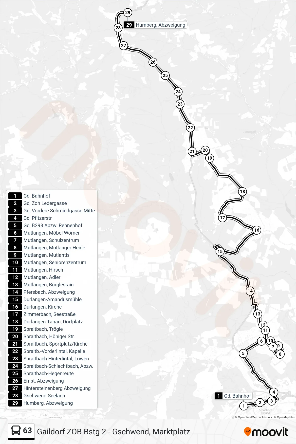 63 bus Line (Humberg, Abzweigung) route and stops on a map