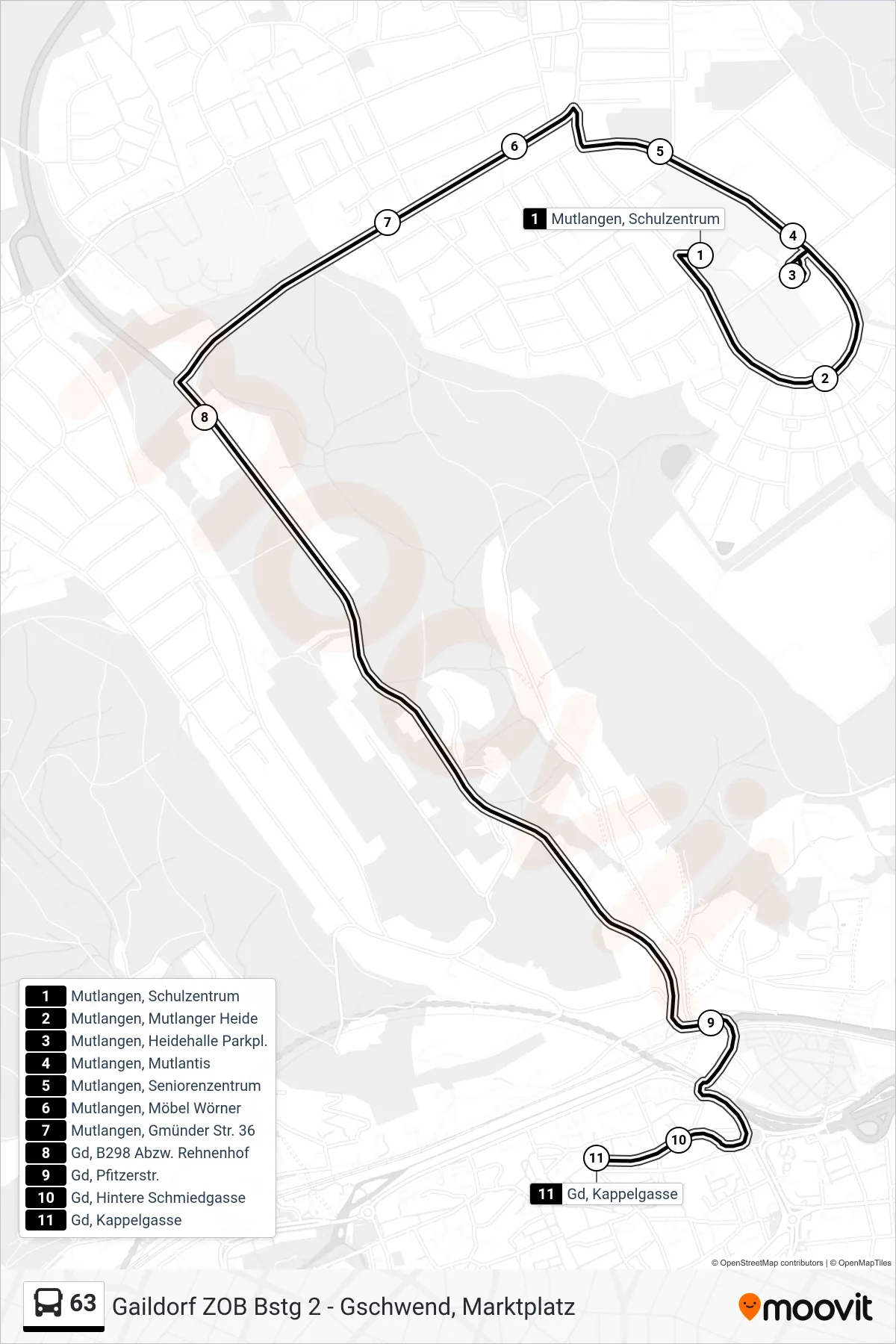 63 bus Line (Gd, Kappelgasse) route and stops on a map