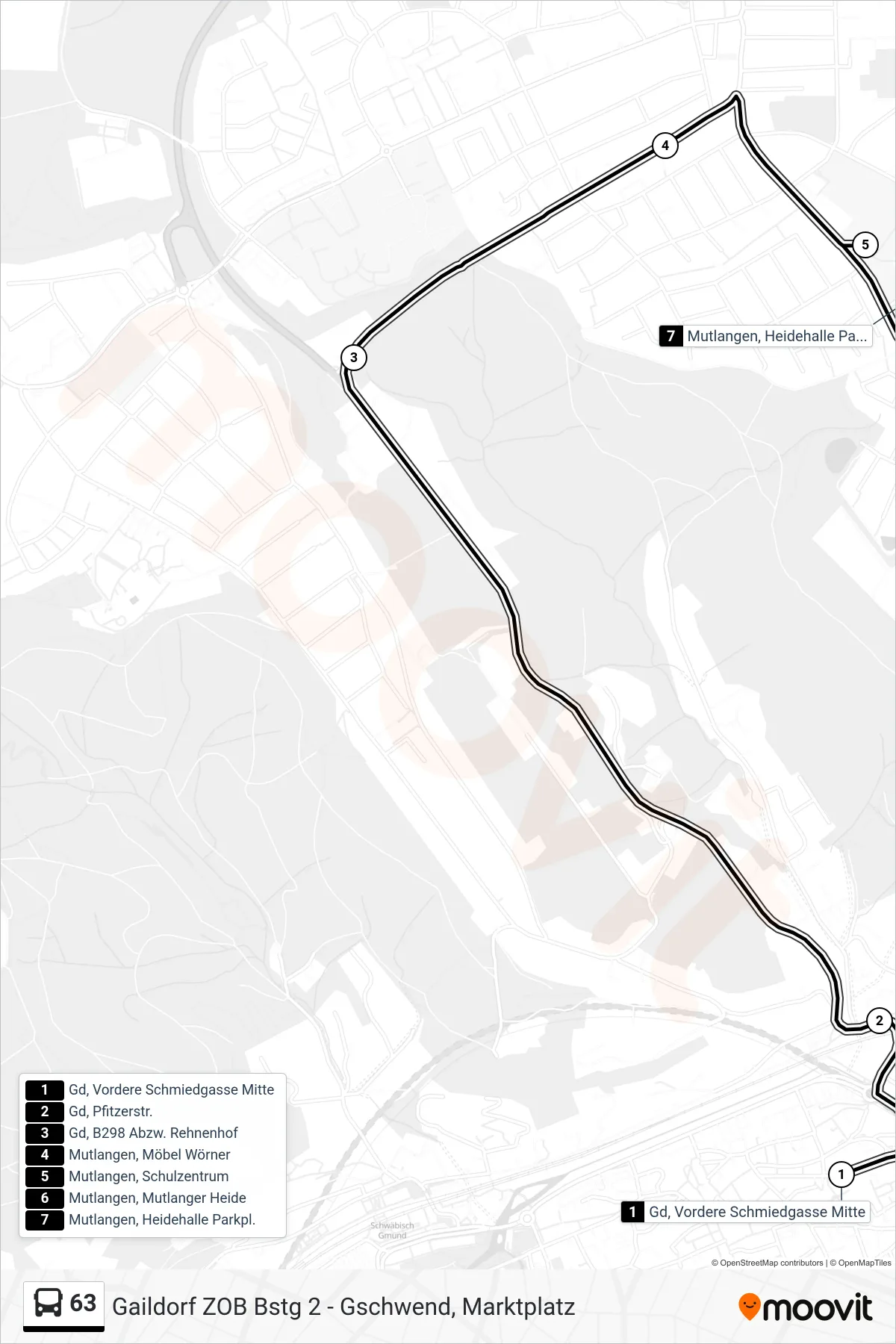 63 bus Line (Mutlangen, Heidehalle Parkpl.) route and stops on a map