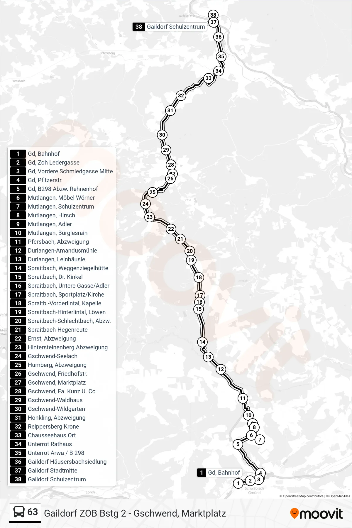 63 bus Line (Gaildorf Schulzentrum) route and stops on a map