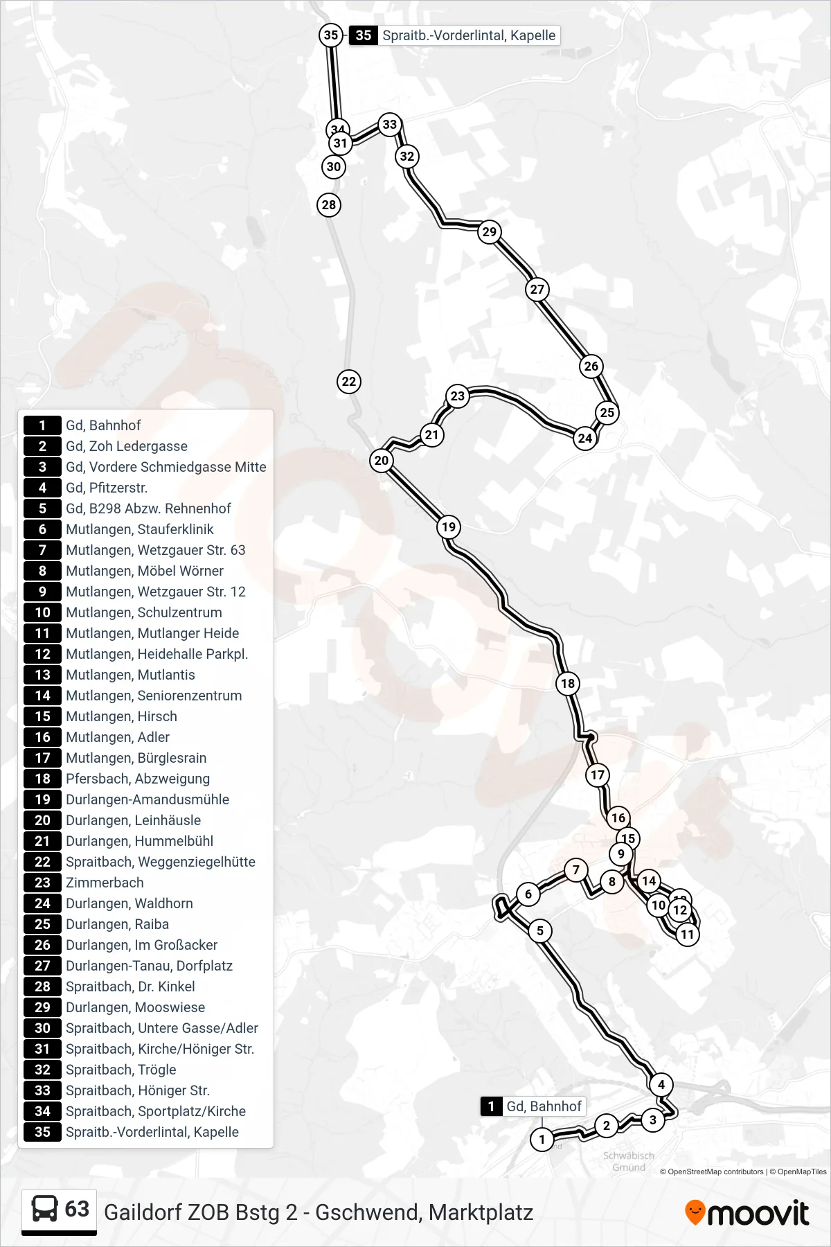 63 bus Line (Spraitb.-Vorderlintal, Kapelle) route and stops on a map
