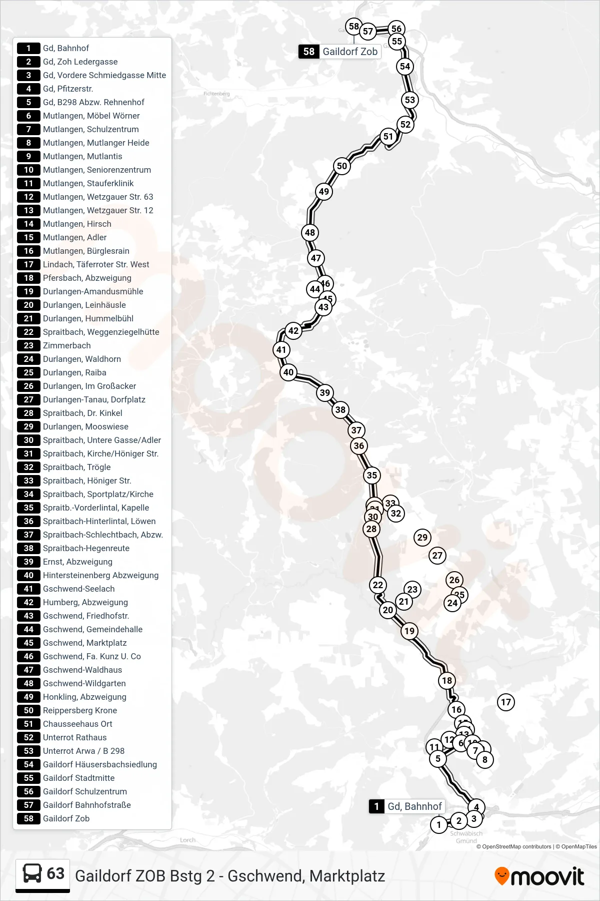 Linie 63 (Bus) Richtung Gaildorf Zob: Route und Haltestellen auf der Karte