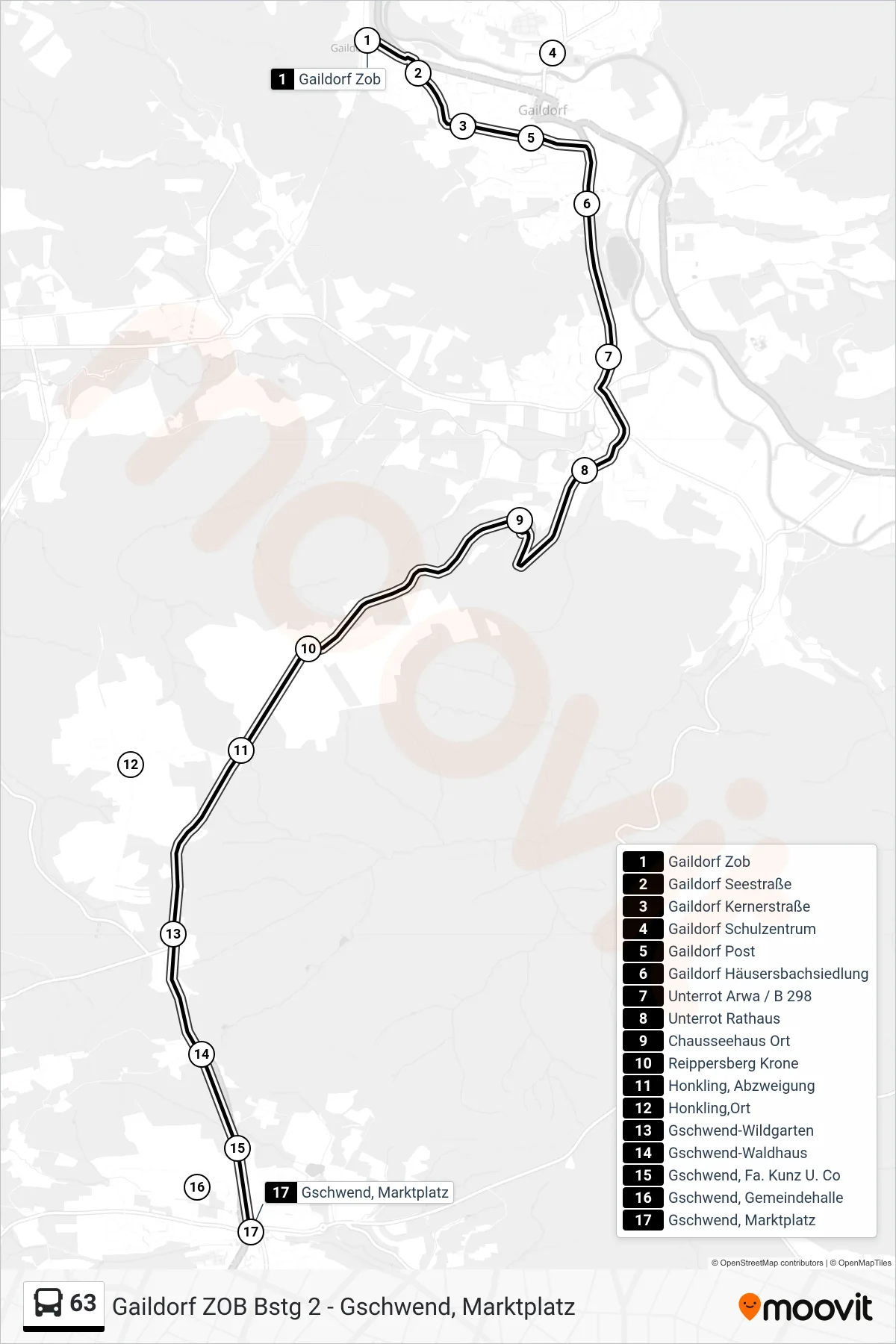 63 bus Line (Gschwend, Marktplatz) route and stops on a map