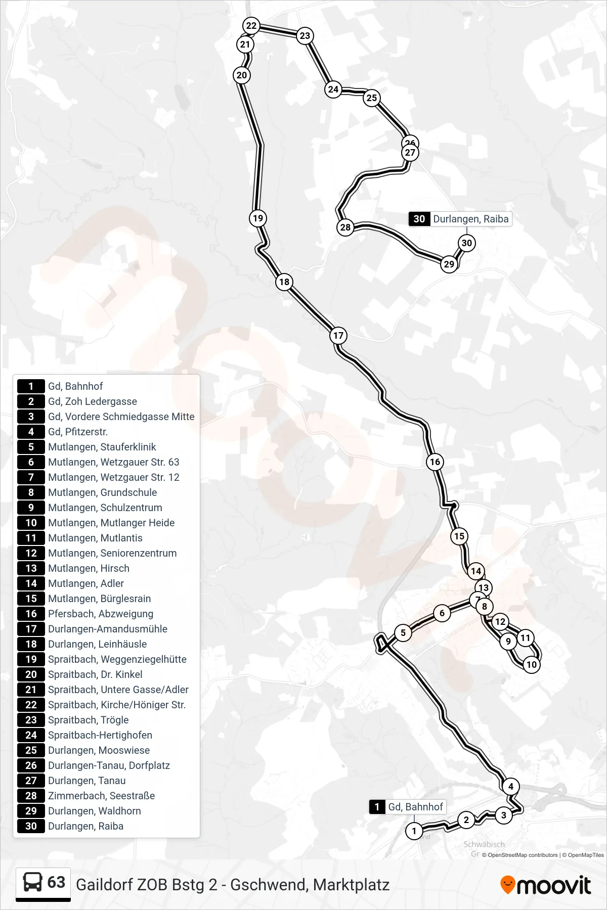 63 bus Line (Durlangen, Raiba) route and stops on a map