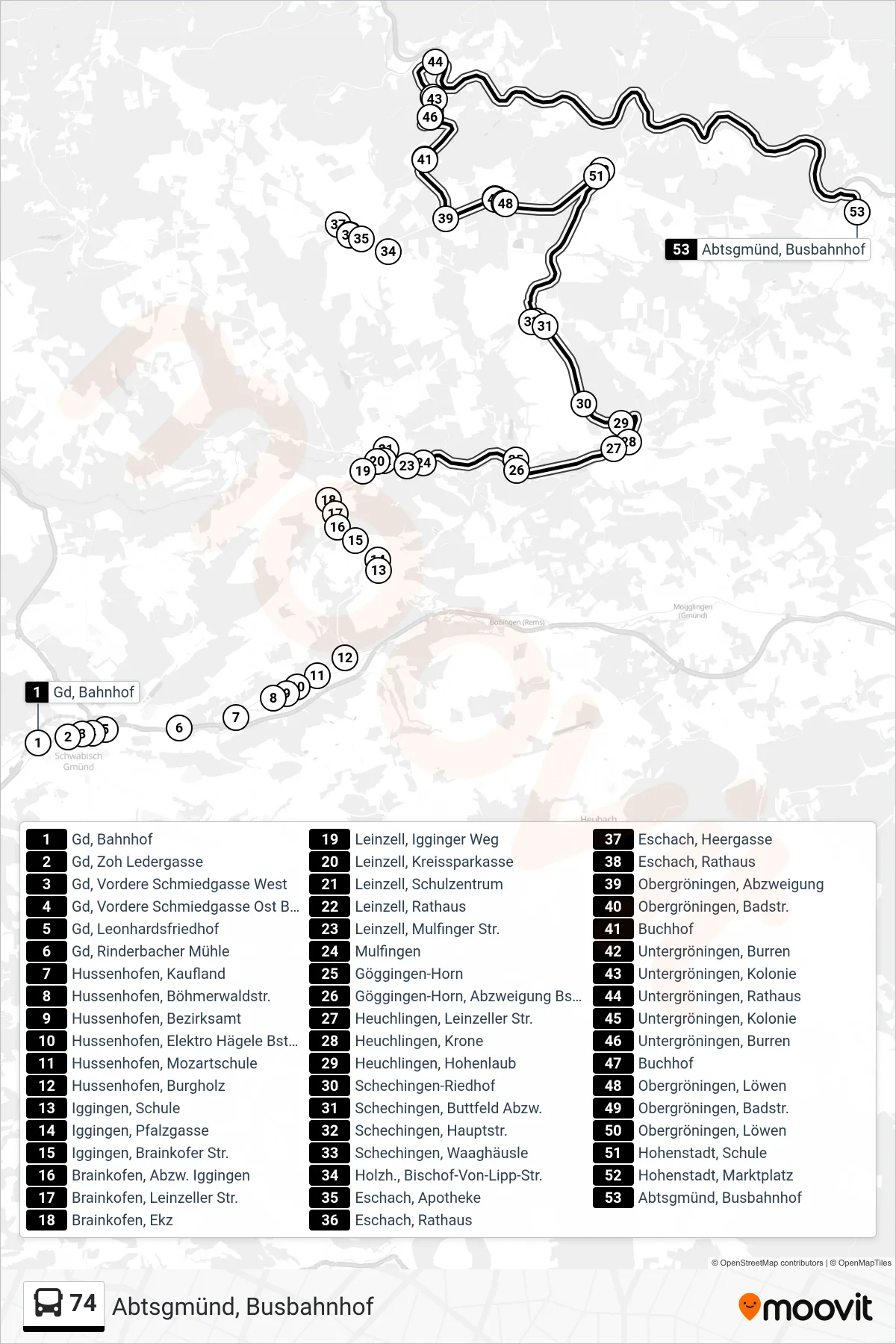 74 bus Line (Abtsgmünd, Busbahnhof) route and stops on a map