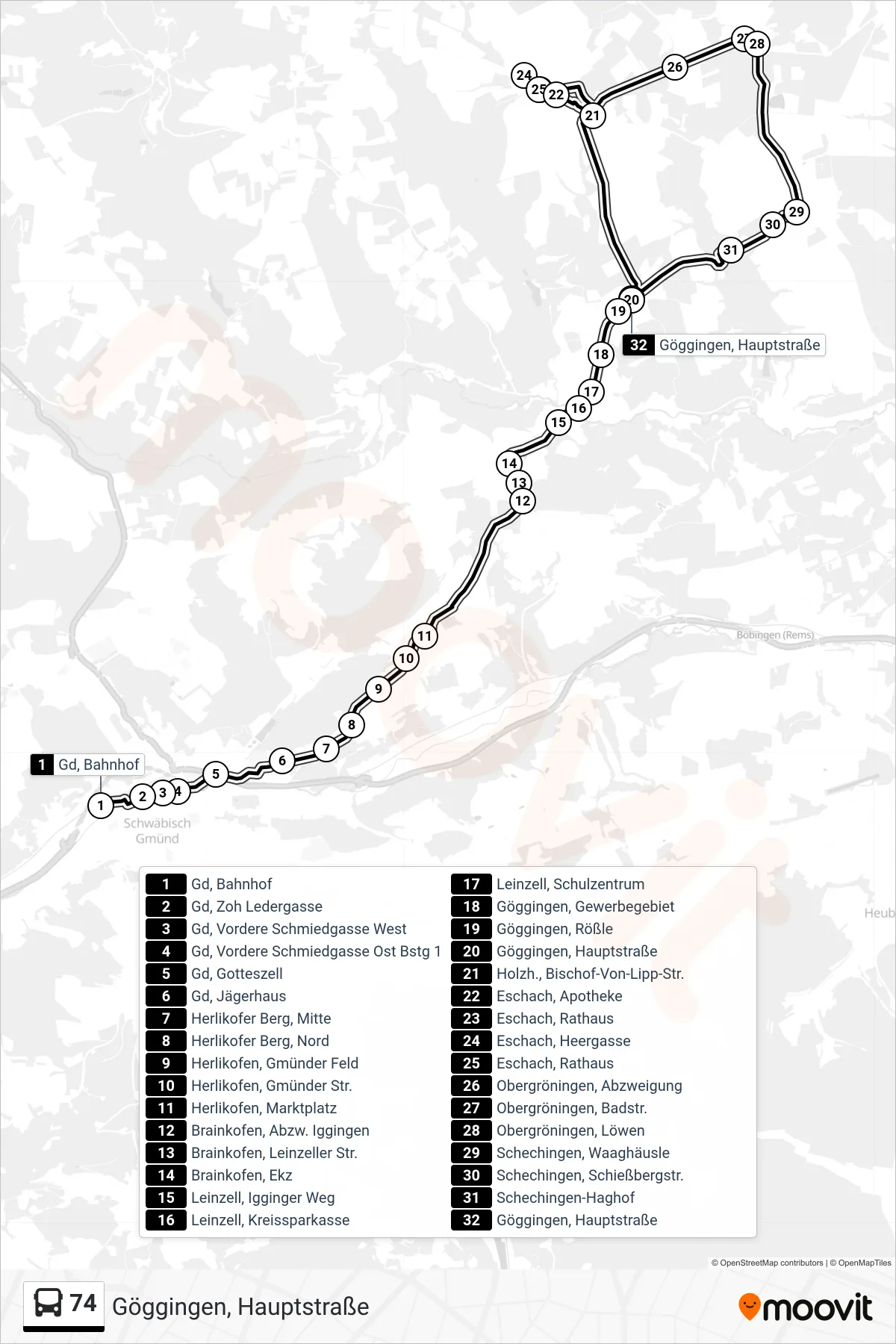 74 bus Line (Göggingen, Hauptstraße) route and stops on a map