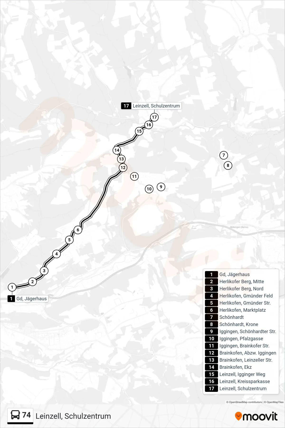 74 bus Line (Leinzell, Schulzentrum) route and stops on a map