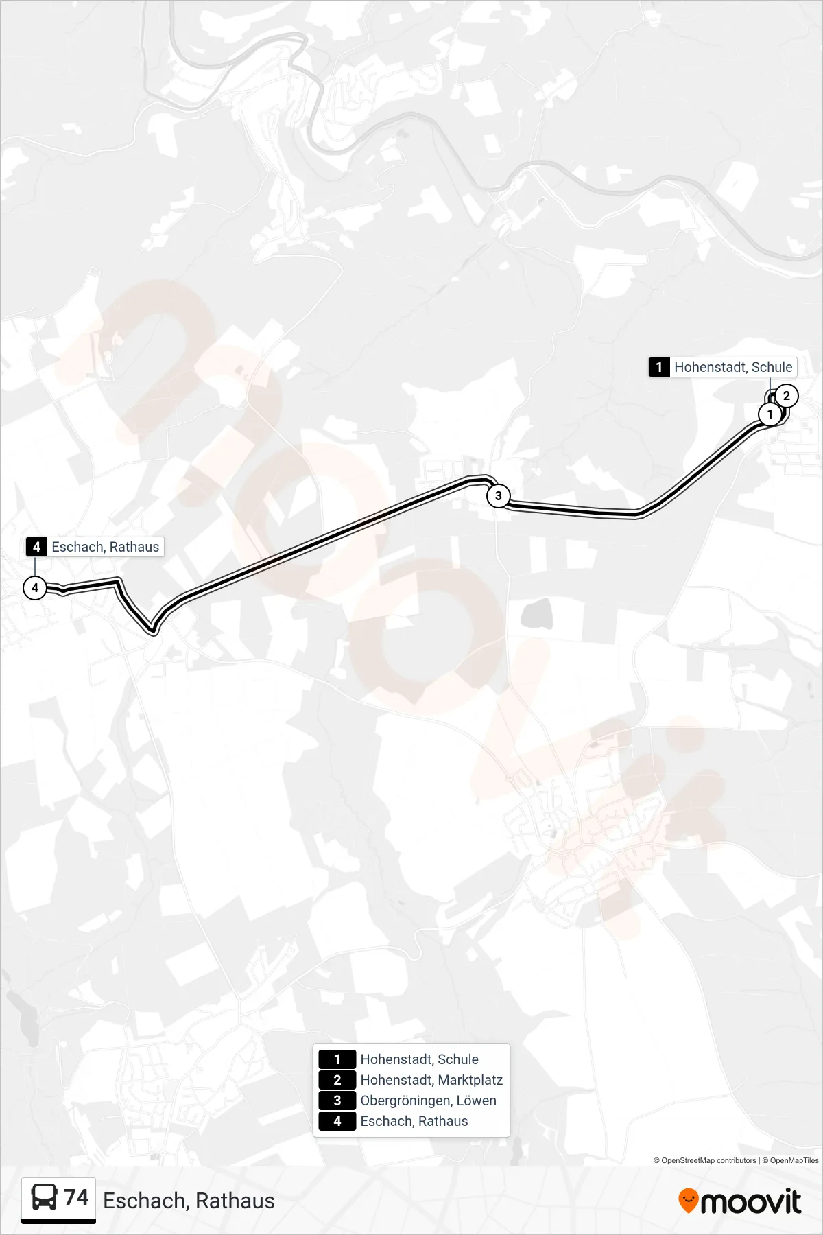 74 bus Line (Eschach, Rathaus) route and stops on a map
