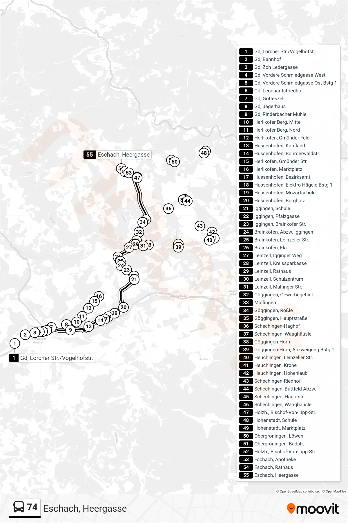 Linie 74 (Bus) Richtung Eschach, Heergasse: Route und Haltestellen auf der Karte