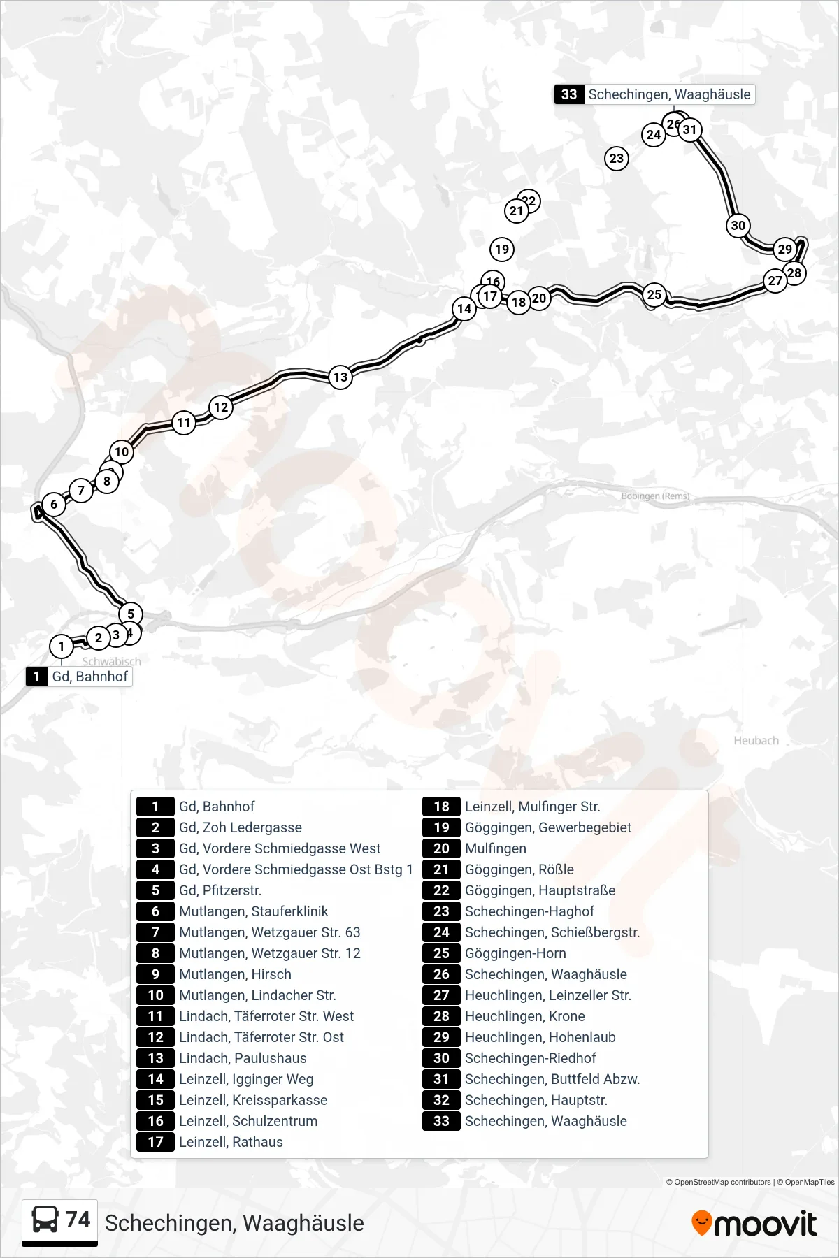 74 bus Line (Schechingen, Waaghäusle) route and stops on a map