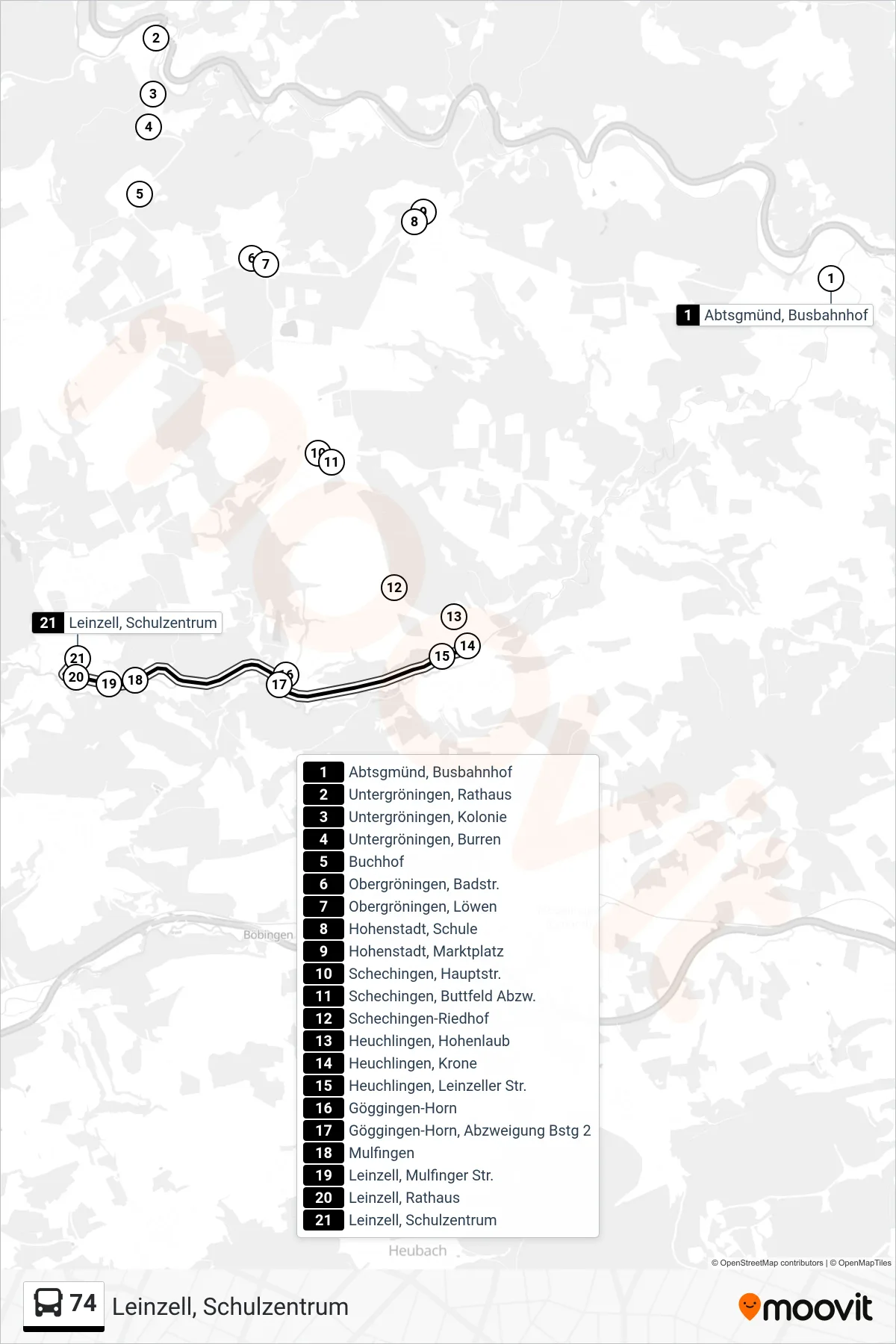 74 bus Line (Leinzell, Schulzentrum) route and stops on a map