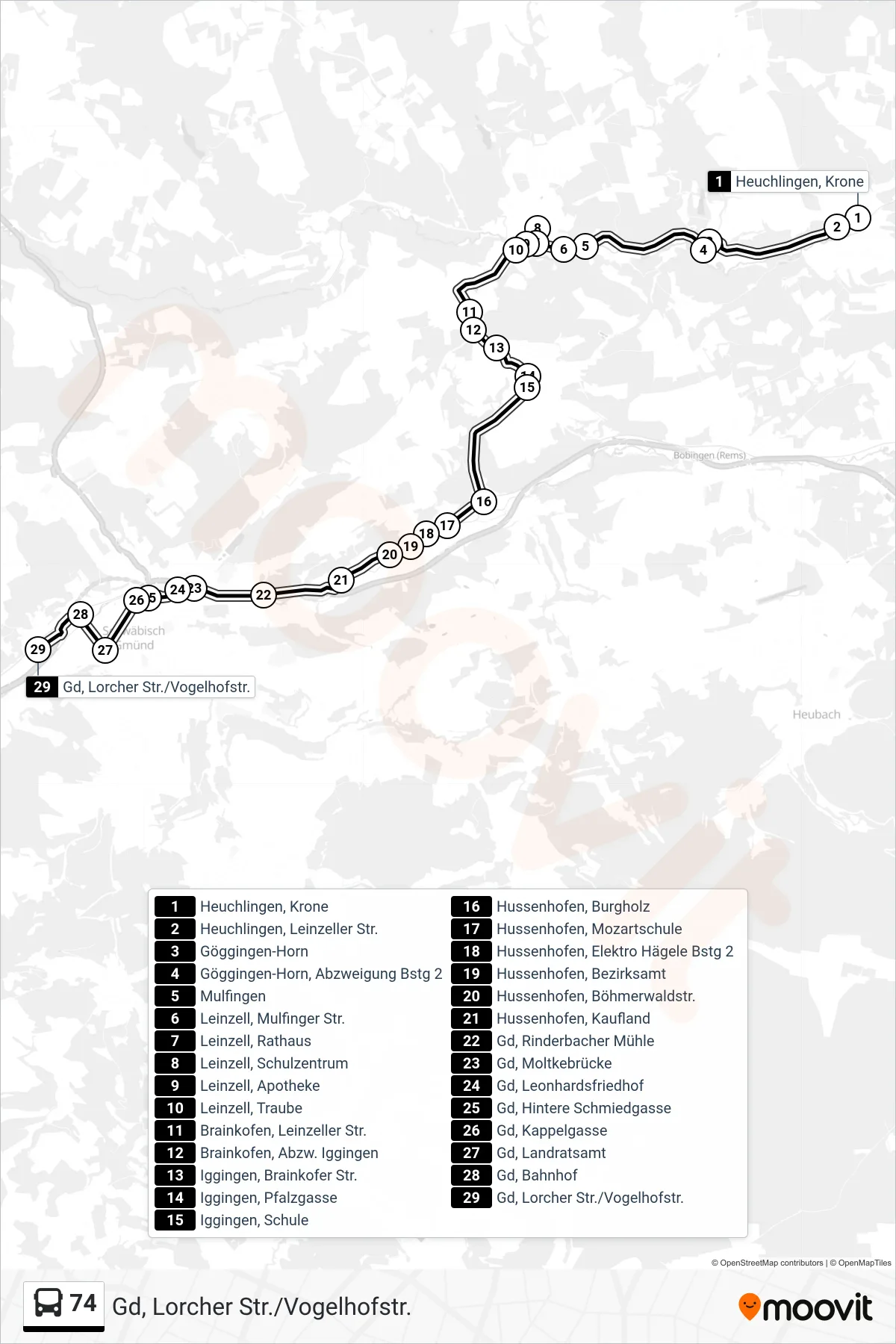 74 bus Line (Gd, Lorcher Str./Vogelhofstr.) route and stops on a map