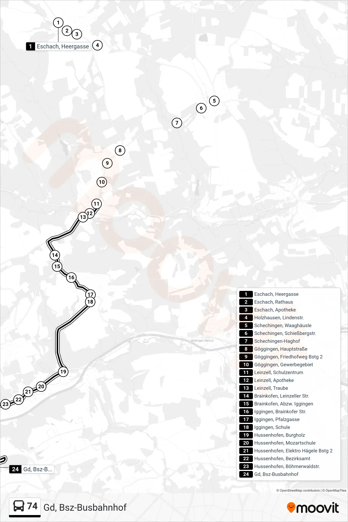 74 bus Line (Gd, Bsz-Busbahnhof) route and stops on a map