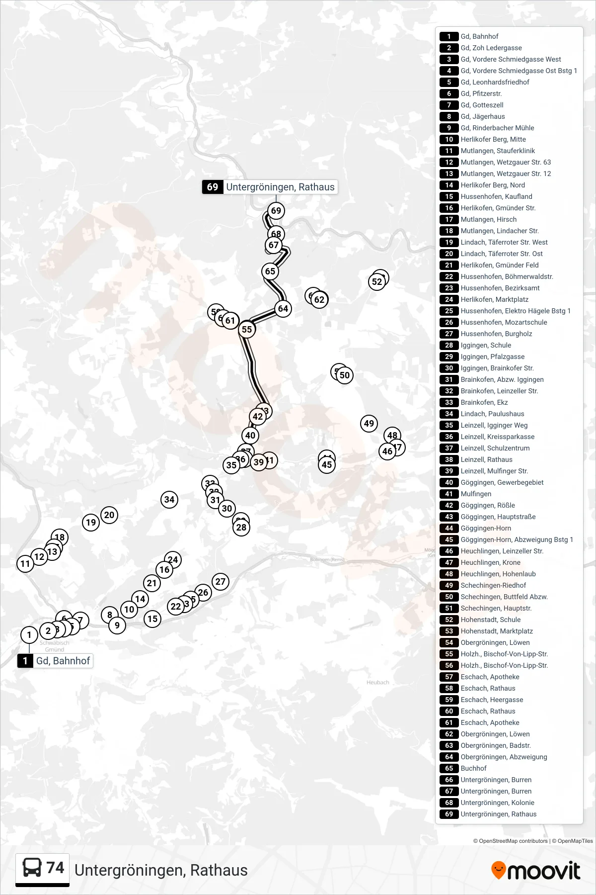 74 bus Line (Untergröningen, Rathaus) route and stops on a map