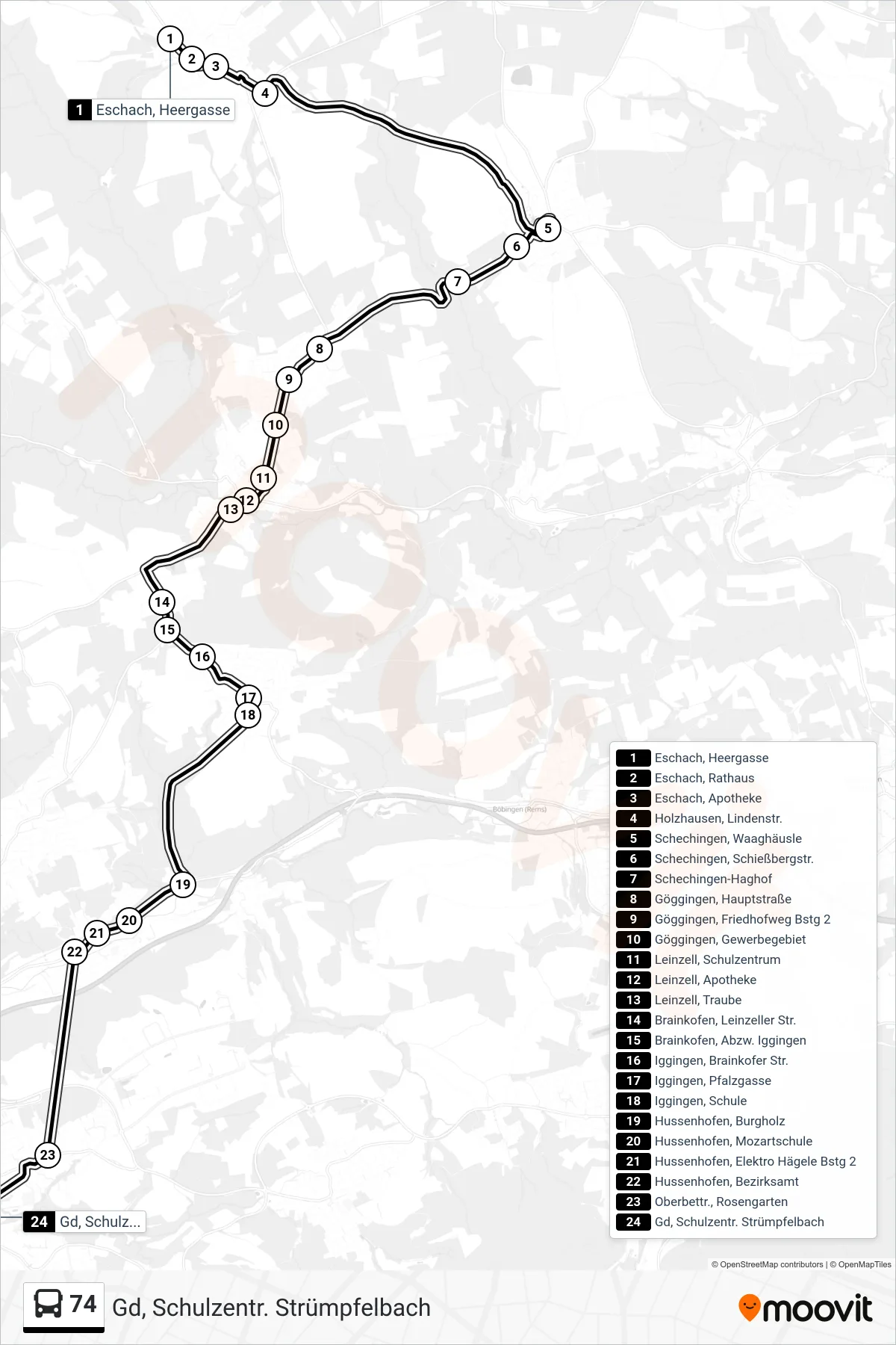 74 bus Line (Gd, Schulzentr. Strümpfelbach) route and stops on a map