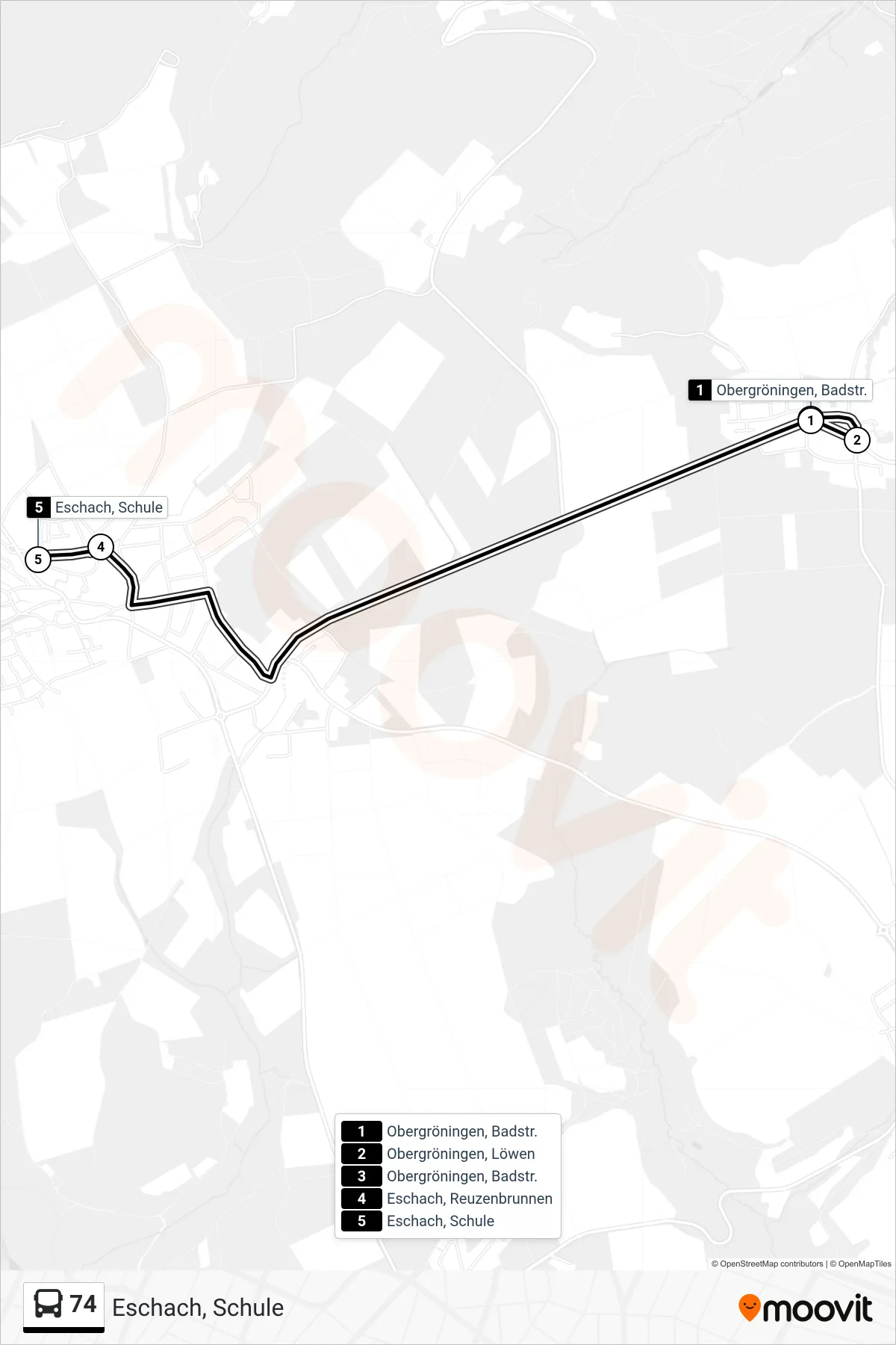 74 bus Line (Eschach, Schule) route and stops on a map