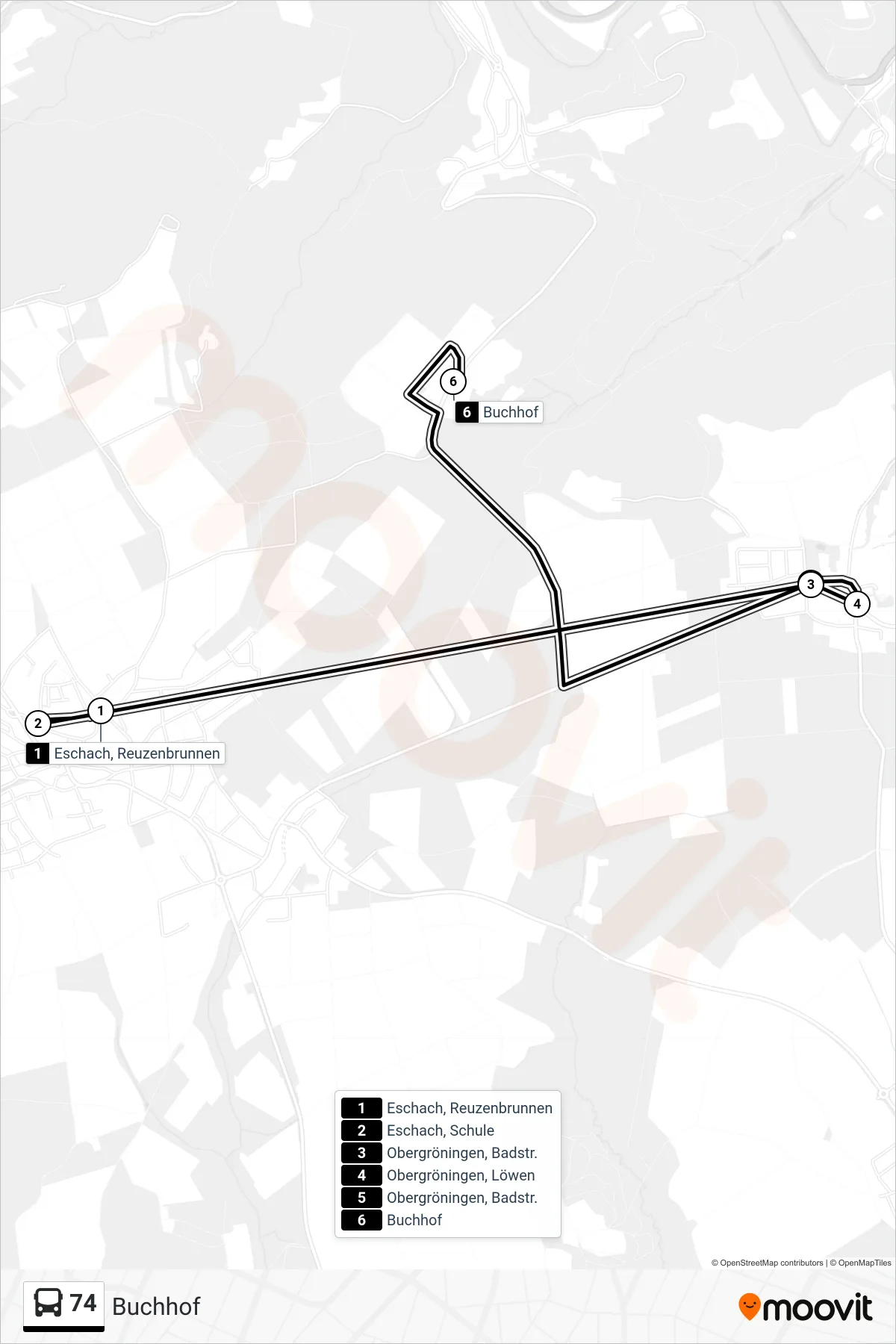 74 bus Line (Buchhof) route and stops on a map