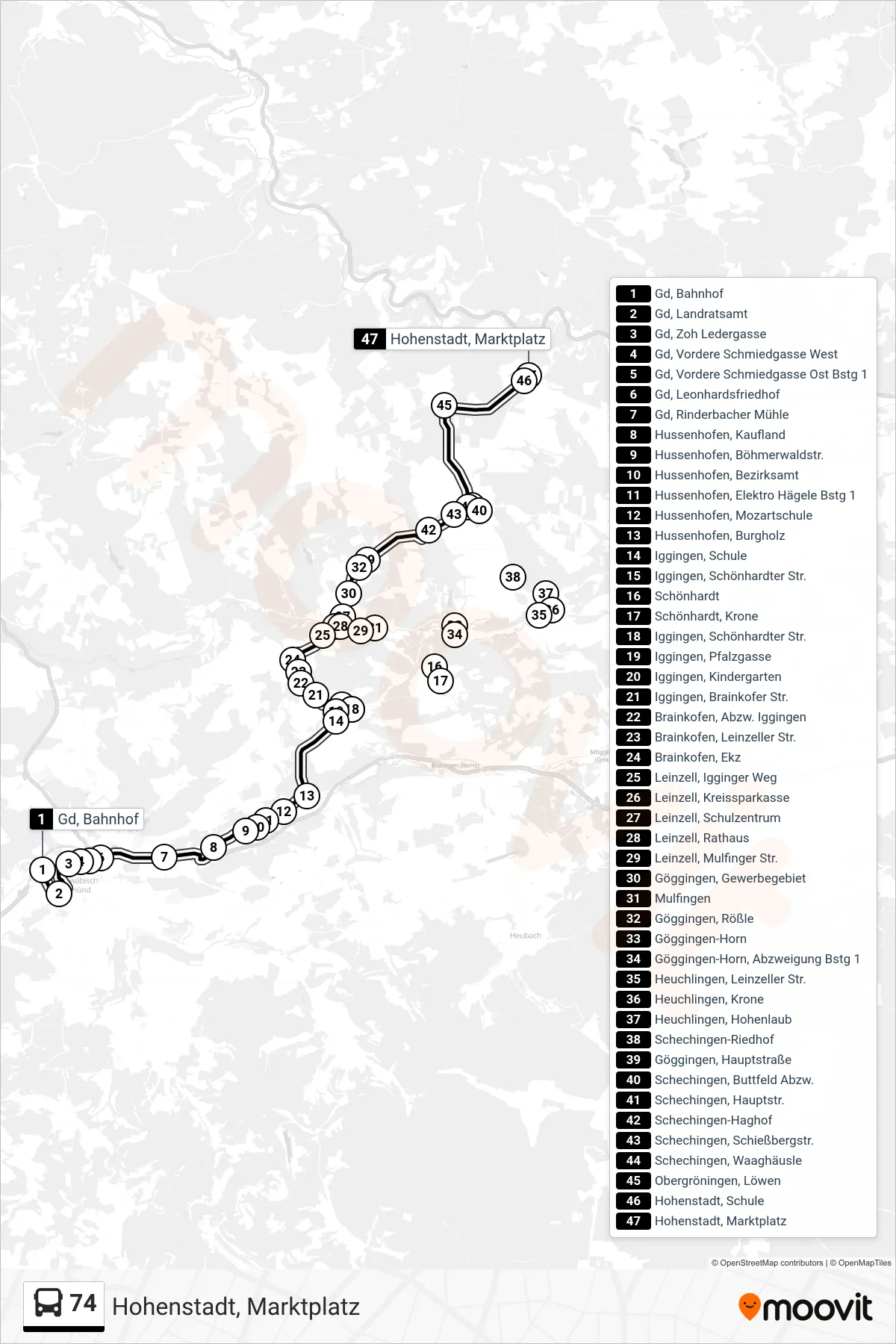 74 bus Line (Hohenstadt, Marktplatz) route and stops on a map