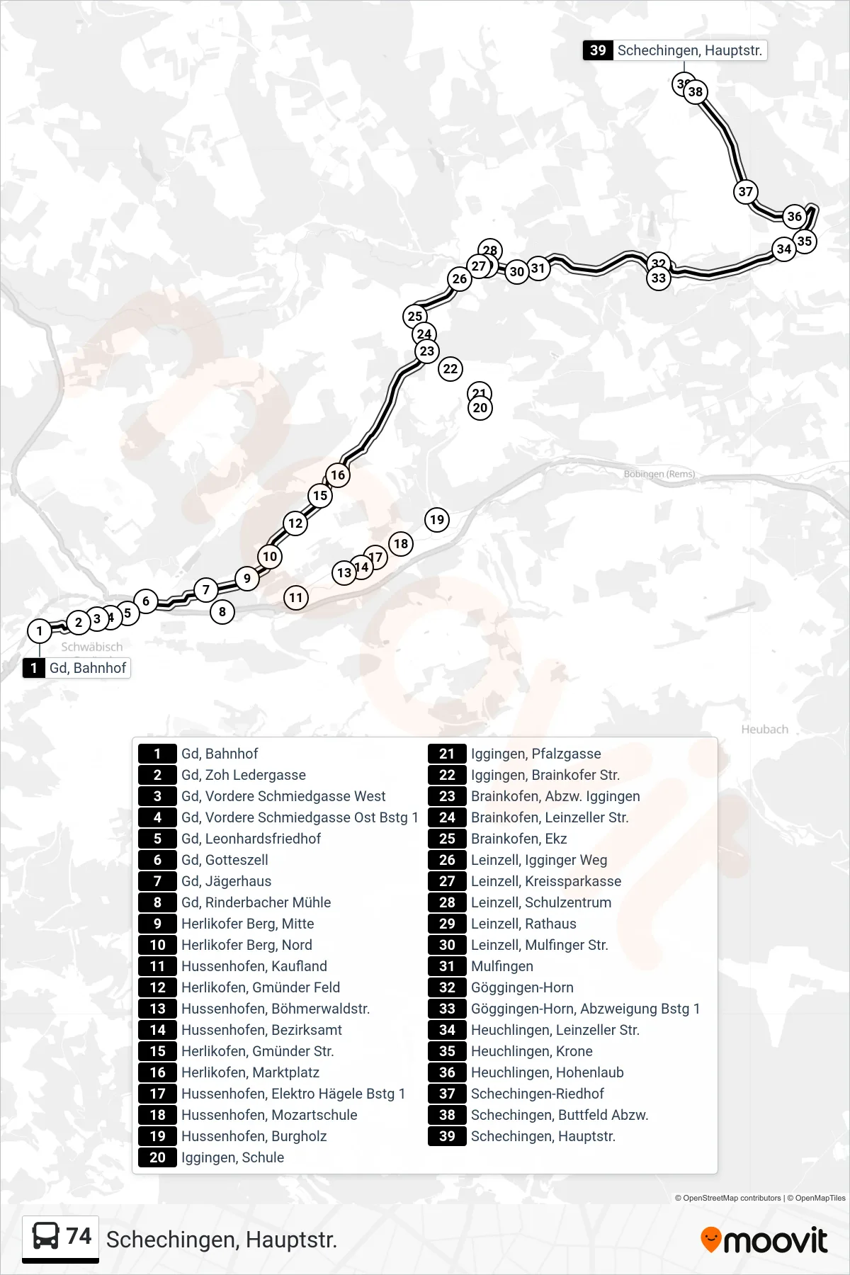 74 bus Line (Schechingen, Hauptstr.) route and stops on a map