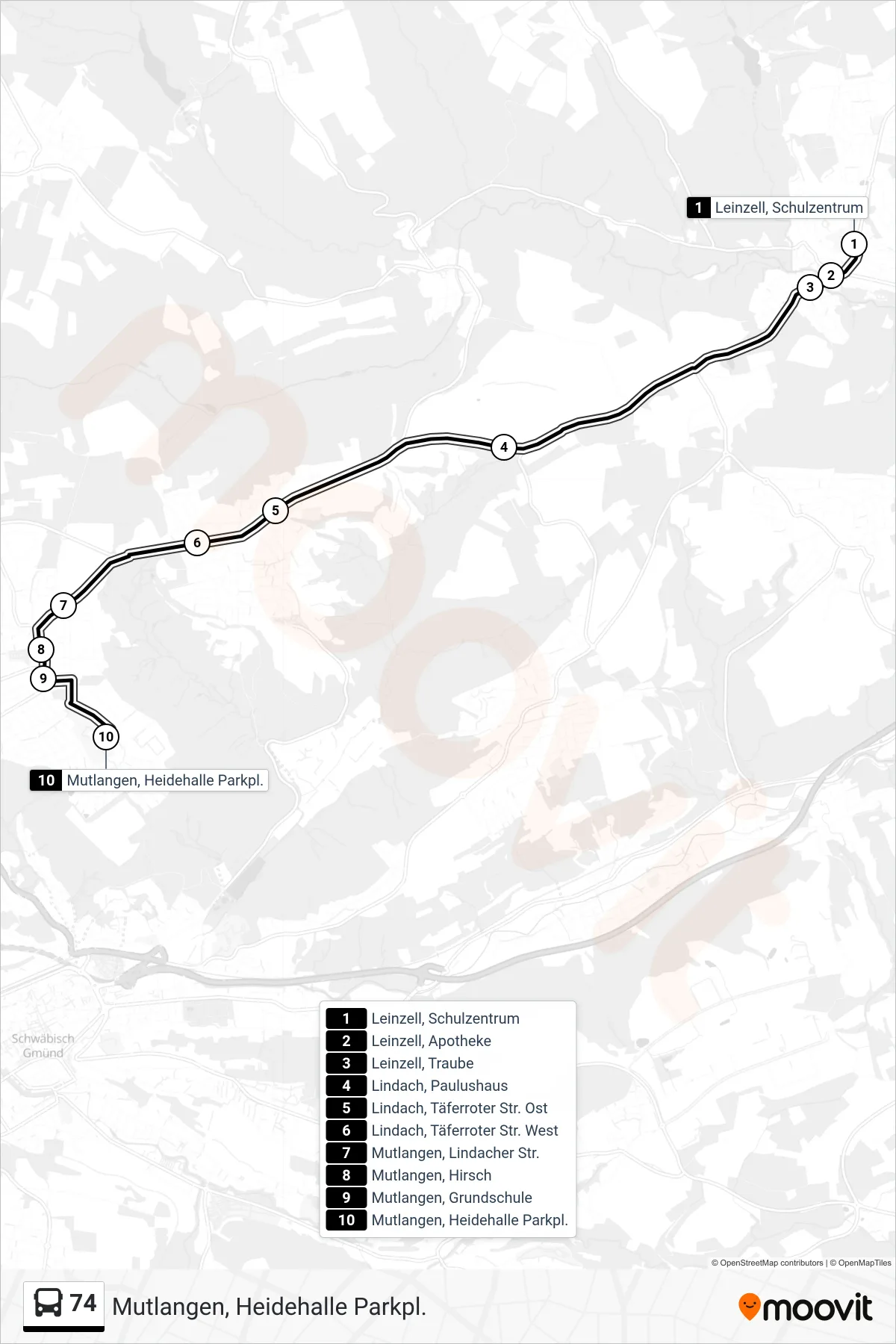74 bus Line (Mutlangen, Heidehalle Parkpl.) route and stops on a map