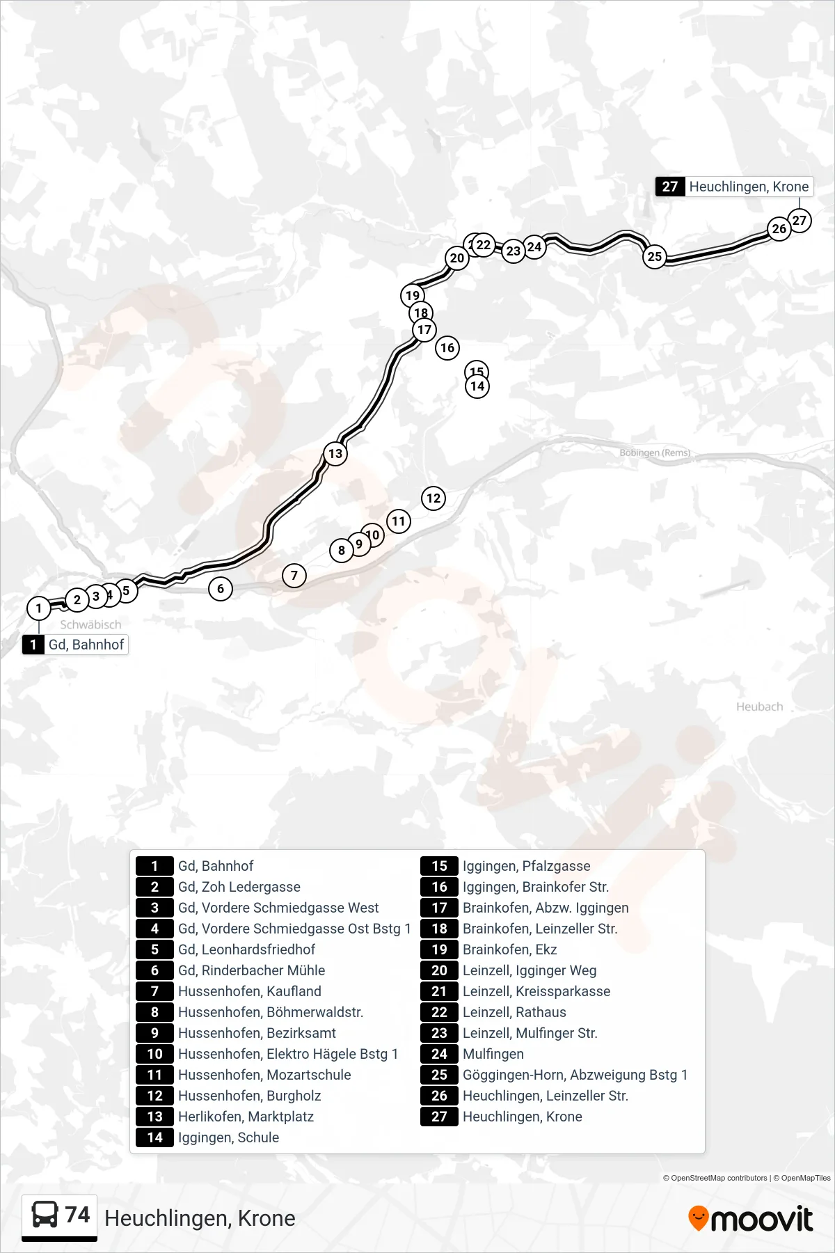 74 bus Line (Heuchlingen, Krone) route and stops on a map