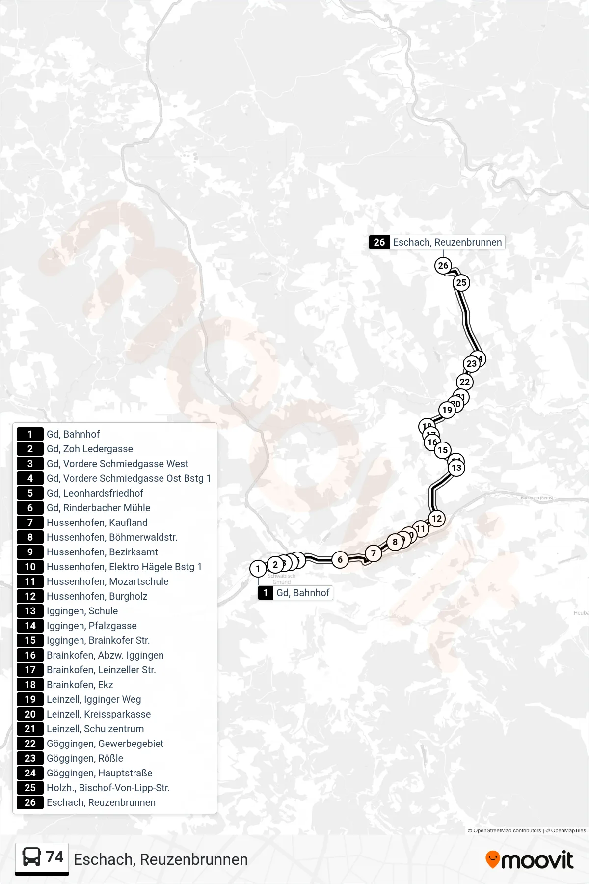 74 bus Line (Eschach, Reuzenbrunnen) route and stops on a map