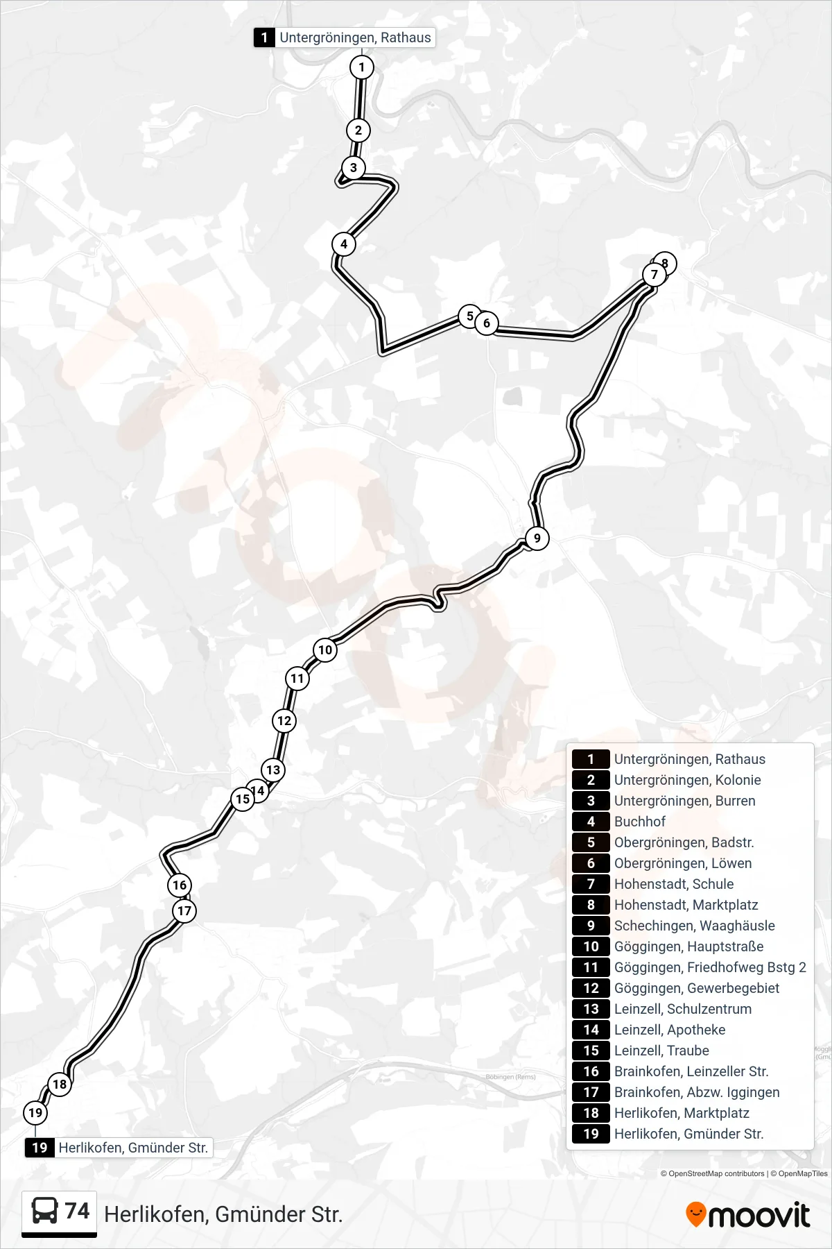 74 bus Line (Herlikofen, Gmünder Str.) route and stops on a map