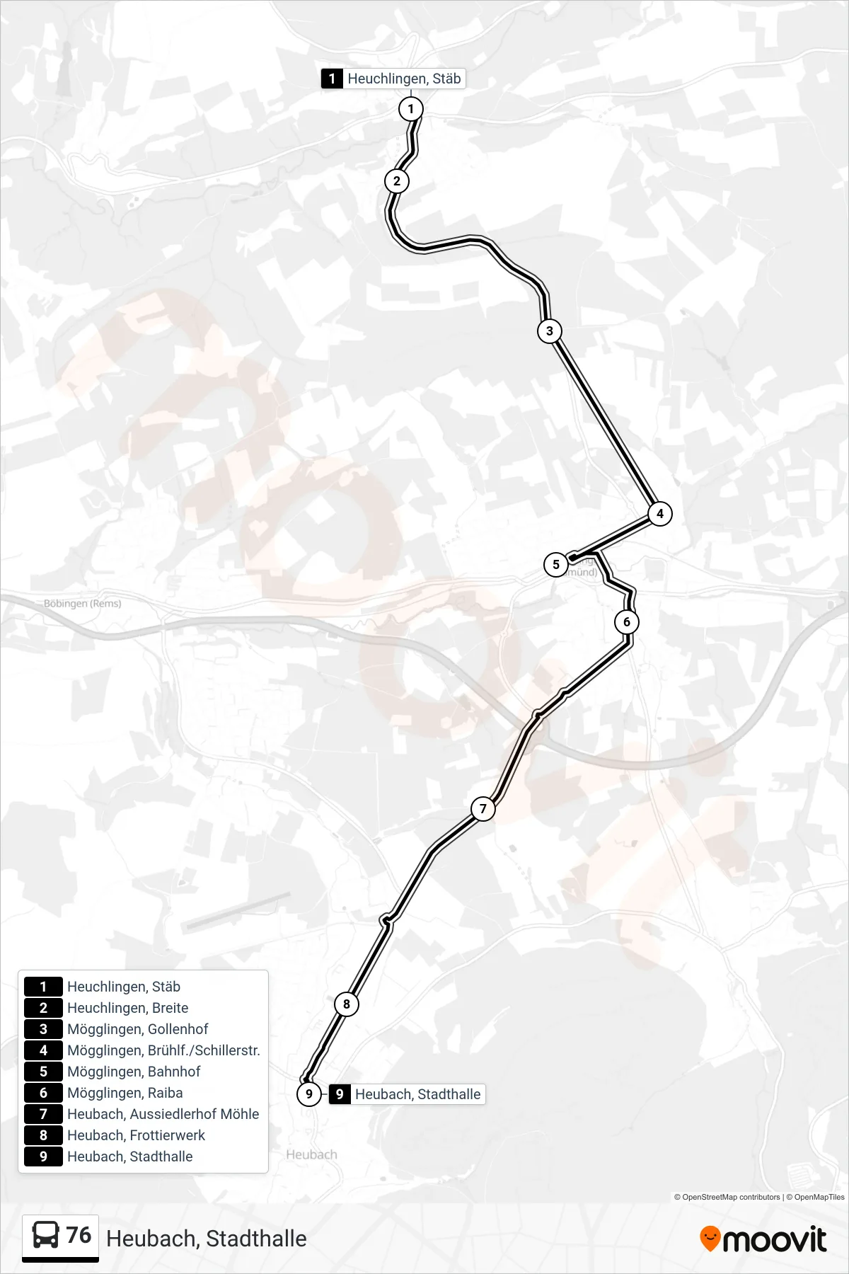 76 bus Line (Heubach, Stadthalle) route and stops on a map