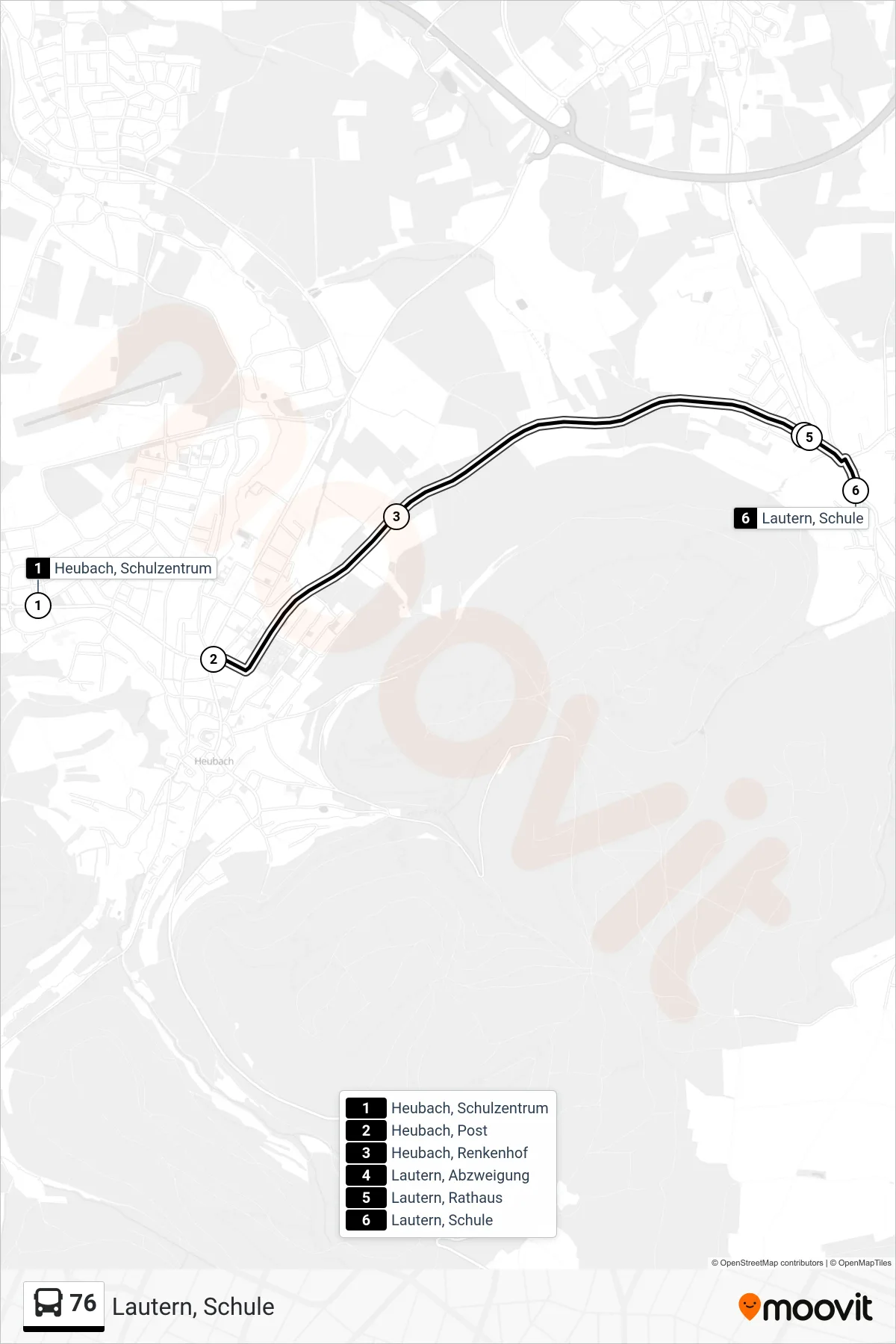76 bus Line (Lautern, Schule) route and stops on a map
