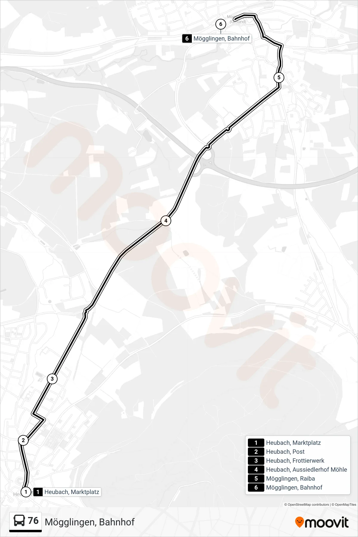 76 bus Line (Mögglingen, Bahnhof) route and stops on a map