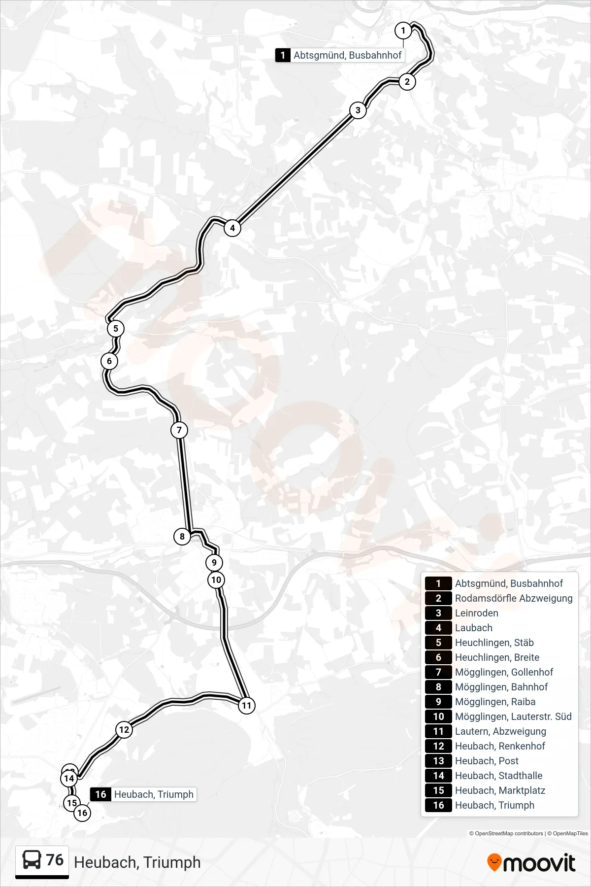76 bus Line (Heubach, Triumph) route and stops on a map