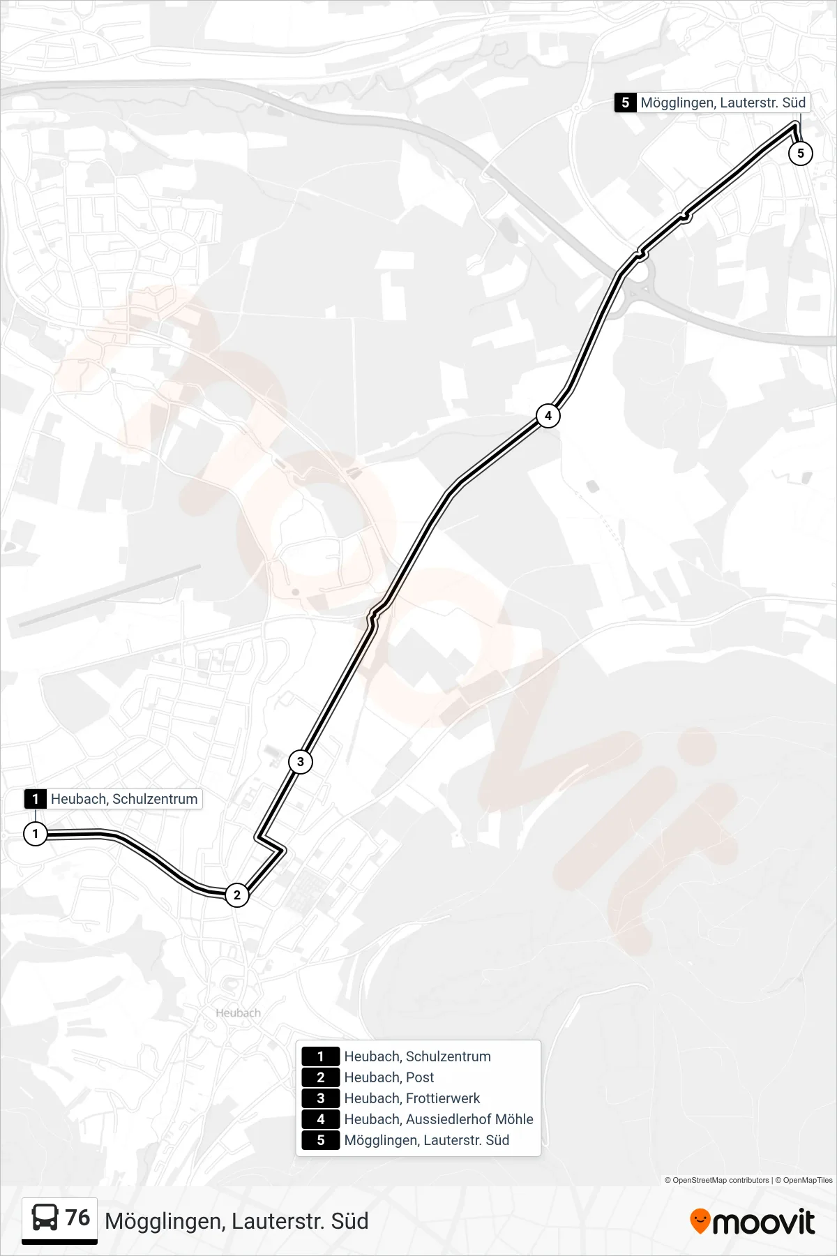 76 bus Line (Mögglingen, Lauterstr. Süd) route and stops on a map