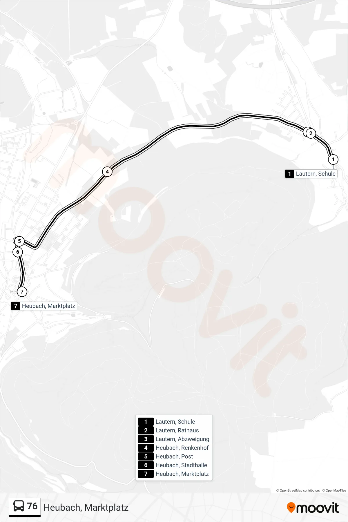 76 bus Line (Heubach, Marktplatz) route and stops on a map