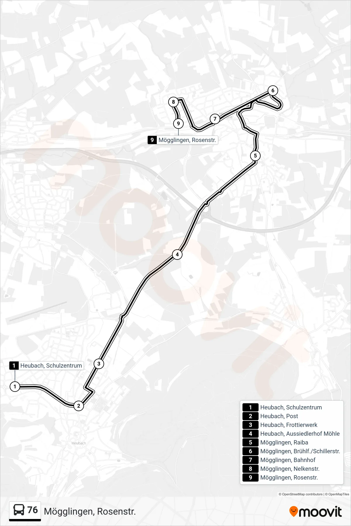 76 bus Line (Mögglingen, Rosenstr.) route and stops on a map