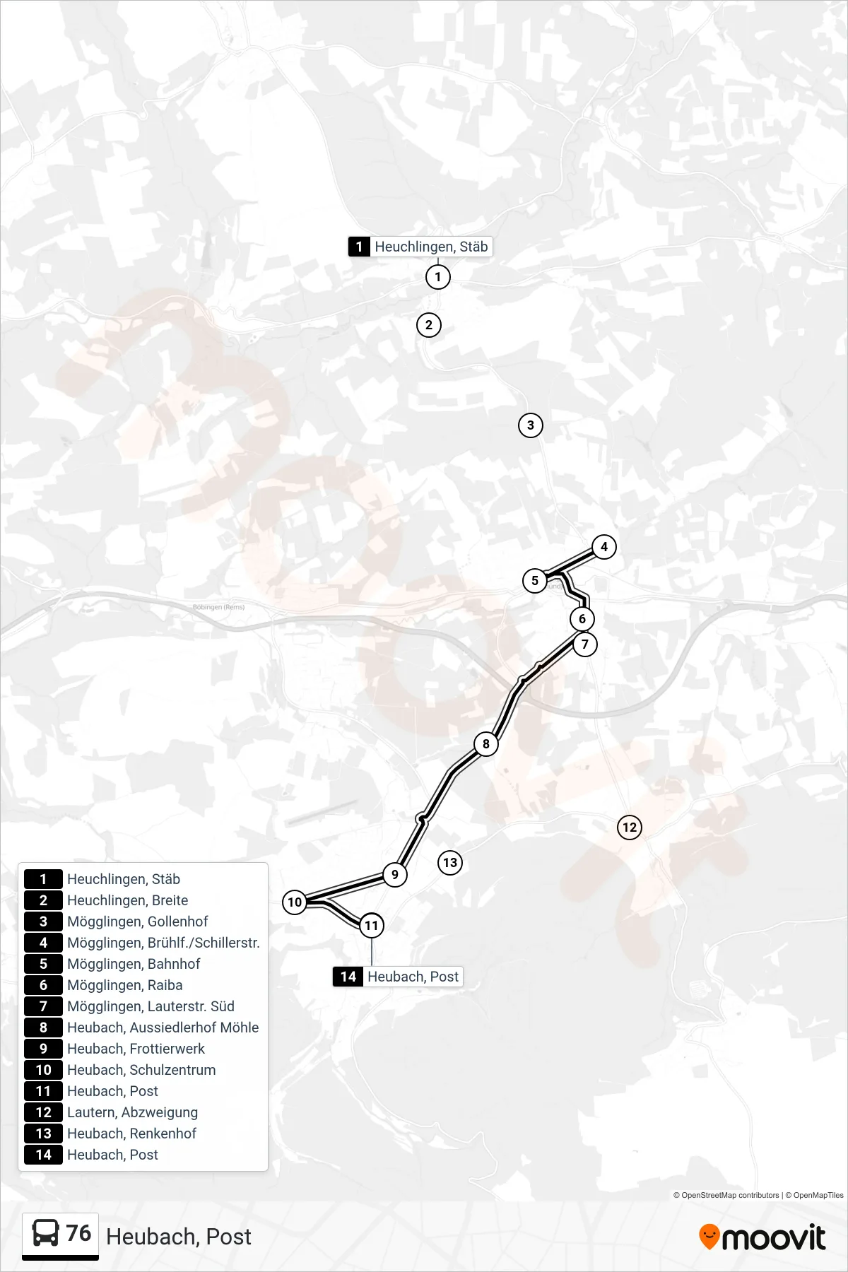Linie 76 (Bus) Richtung Heubach, Post: Route und Haltestellen auf der Karte
