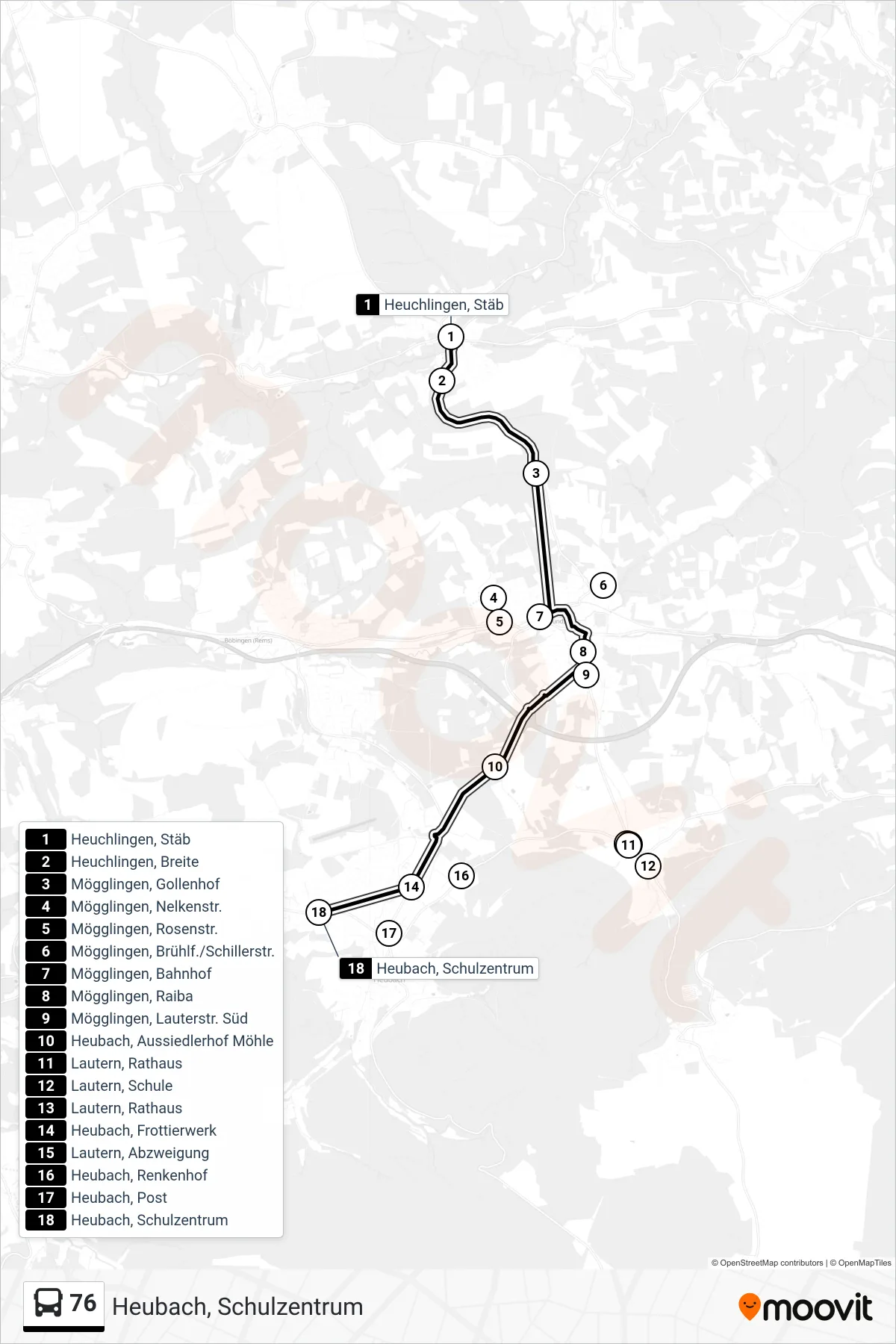 76 bus Line (Heubach, Schulzentrum) route and stops on a map