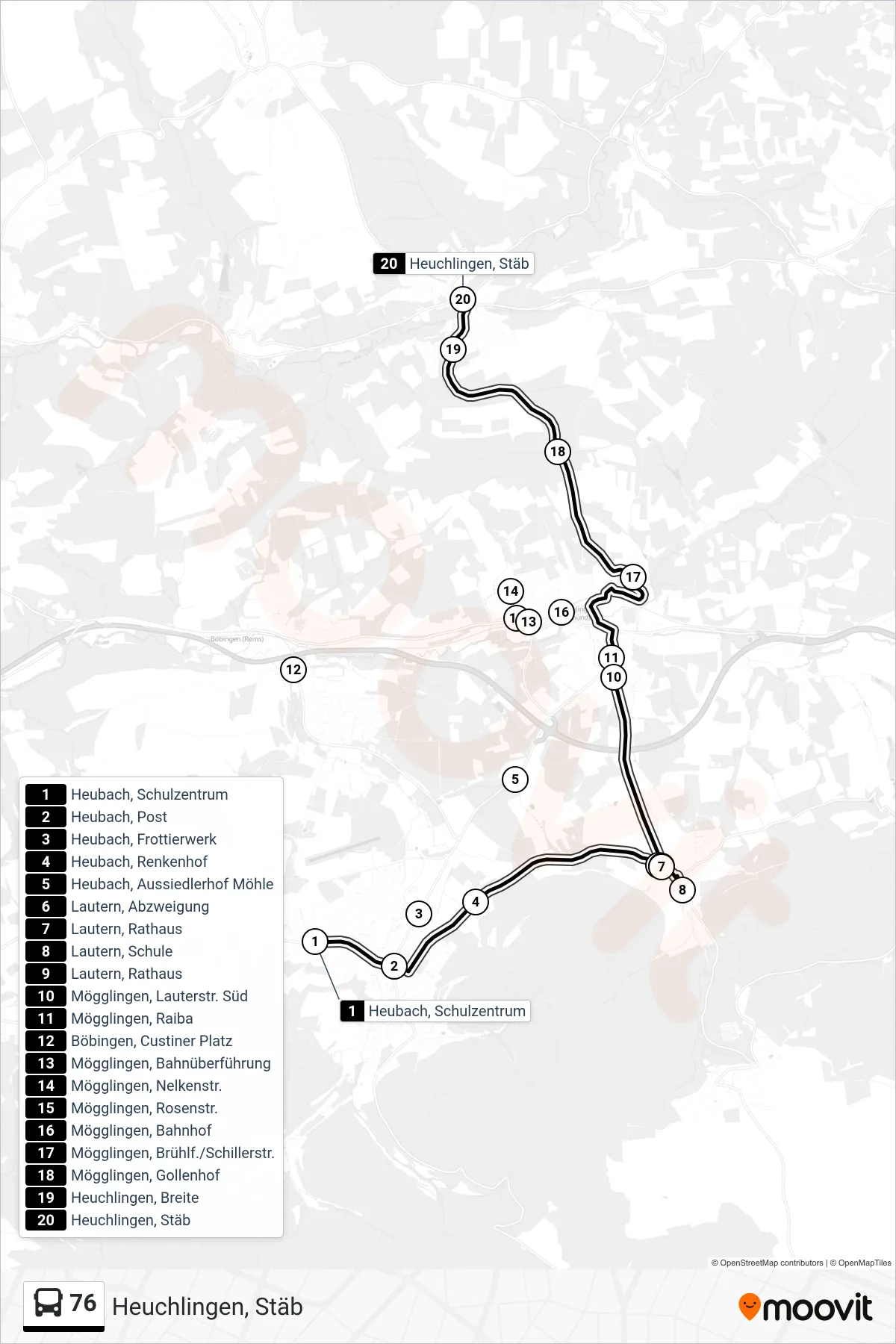 76 bus Line (Heuchlingen, Stäb) route and stops on a map