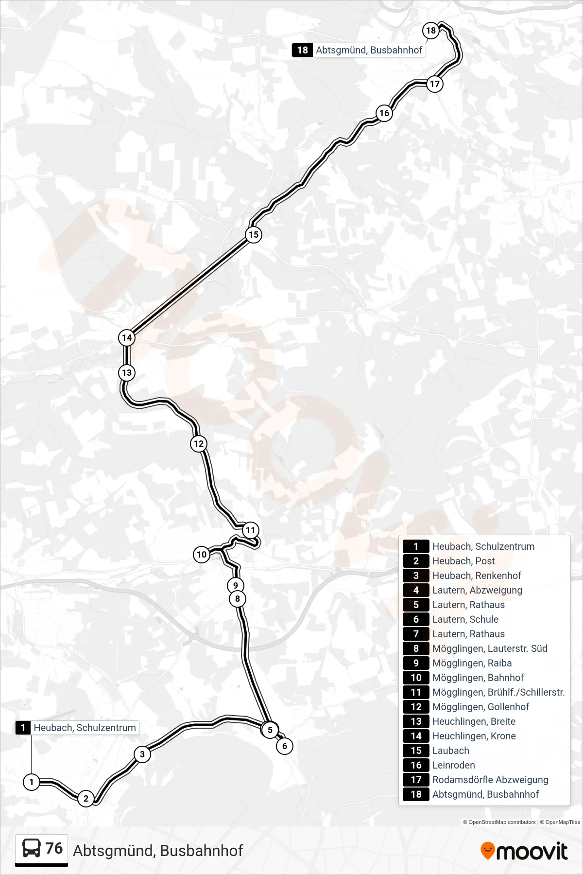 76 bus Line (Abtsgmünd, Busbahnhof) route and stops on a map
