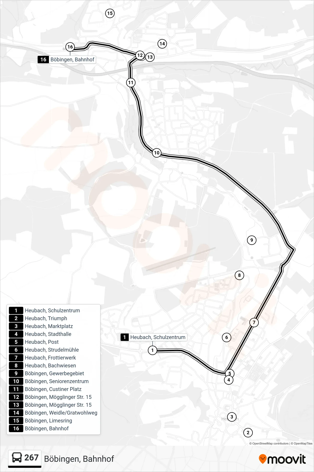 267 bus Line (Böbingen, Bahnhof) route and stops on a map