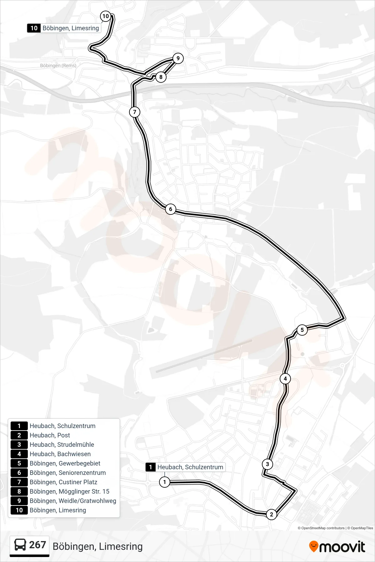 Linie 267 (Bus) Richtung Böbingen, Limesring: Route und Haltestellen auf der Karte
