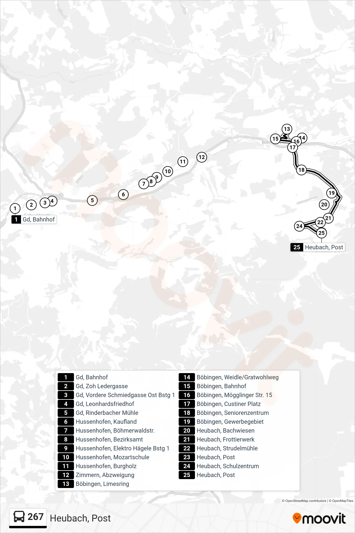 267 bus Line (Heubach, Post) route and stops on a map