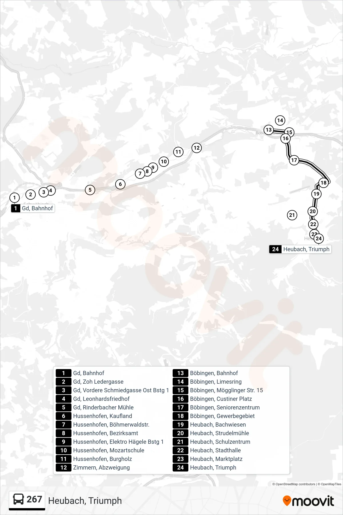 267 bus Line (Heubach, Triumph) route and stops on a map