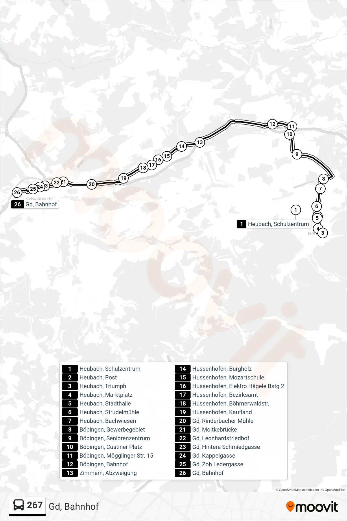 267 bus Line (Gd, Bahnhof) route and stops on a map