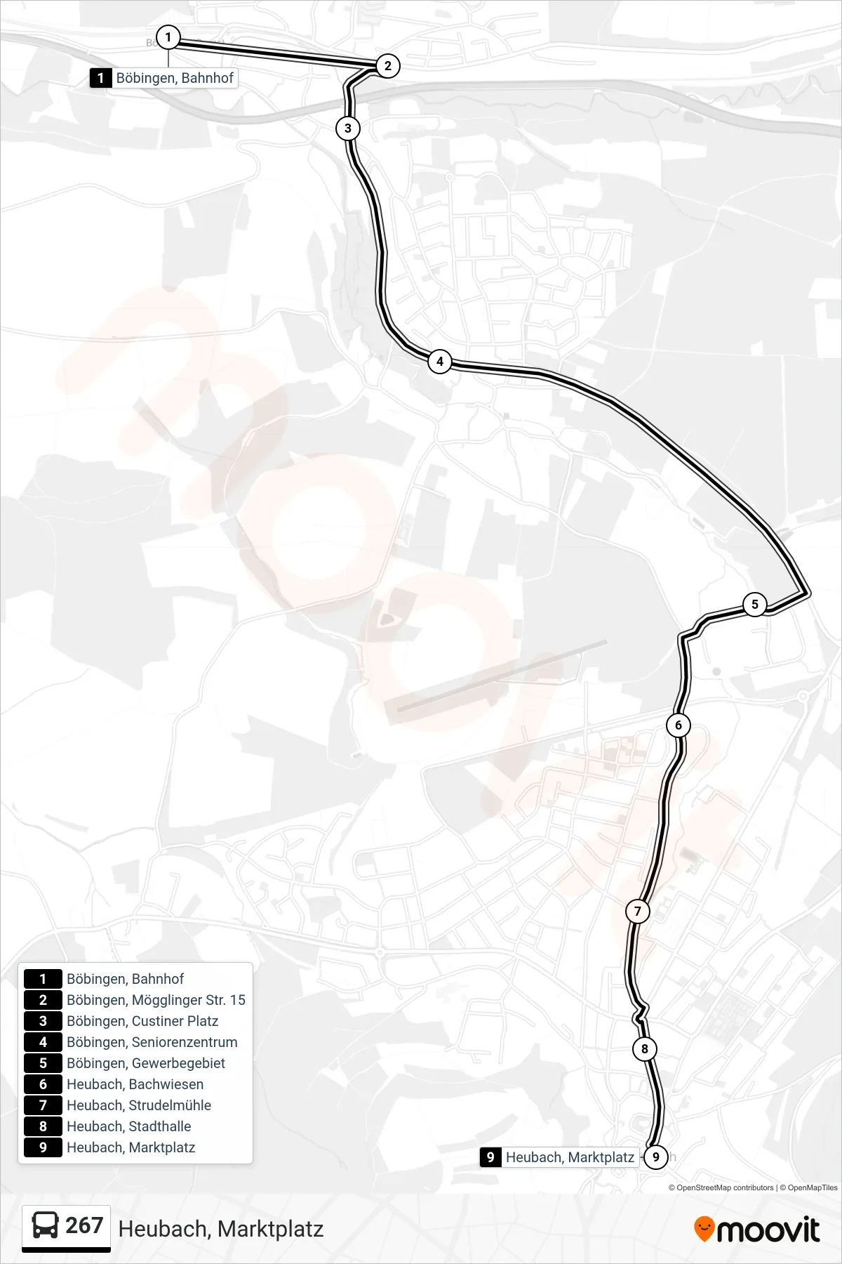267 bus Line (Heubach, Marktplatz) route and stops on a map