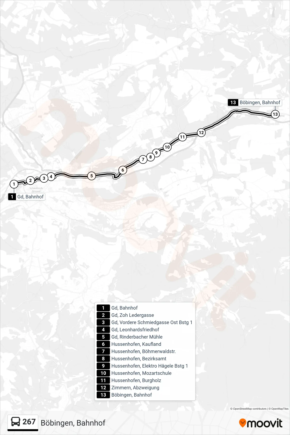 267 bus Line (Böbingen, Bahnhof) route and stops on a map